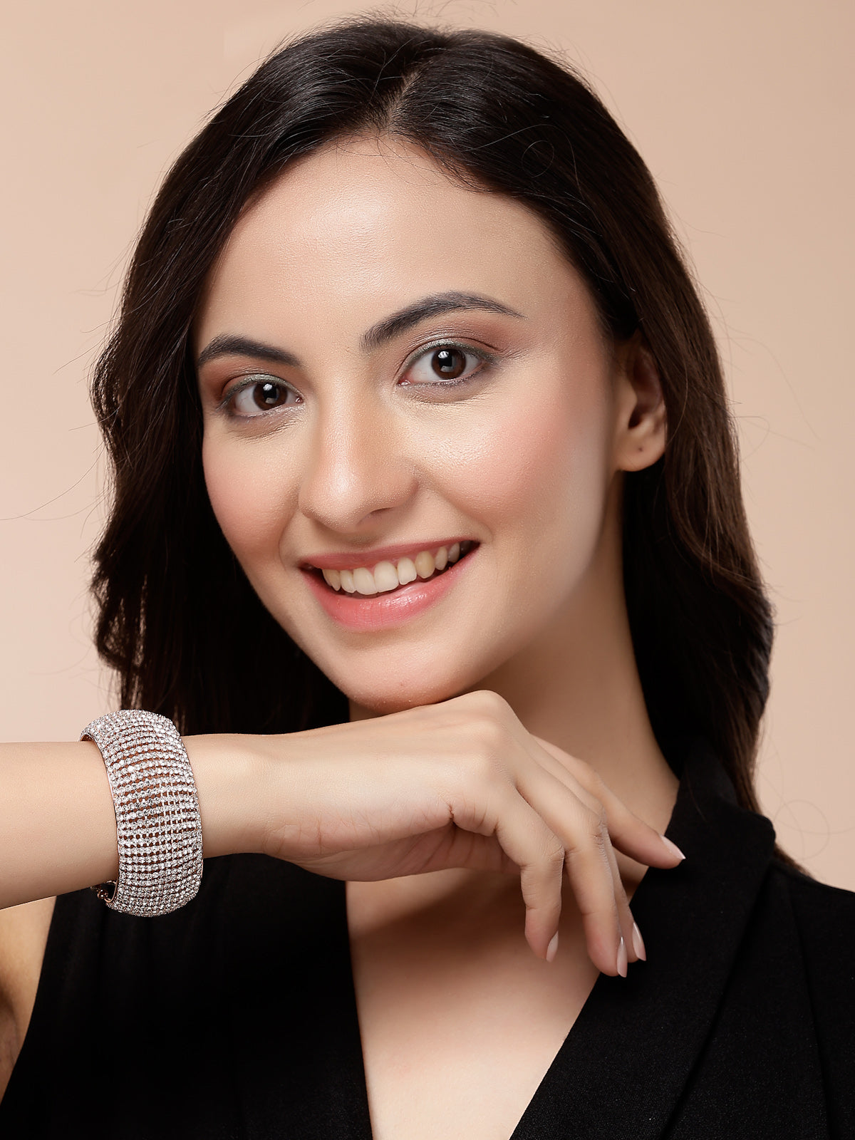 Scintillare By Sukkhi Graceful 18k Rose Gold Plated with Crystal Stone Studded Adjustable Cuff Kada Bracelet Jewellery for For Women & Girls|BC107141