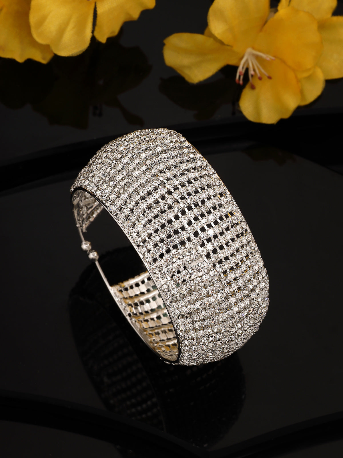 Scintillare By Sukkhi Graceful Rhodium Plated with Crystal Stone Studded Adjustable Silver Cuff Kada Bracelet Jewellery for For Women & Girls|BC107142