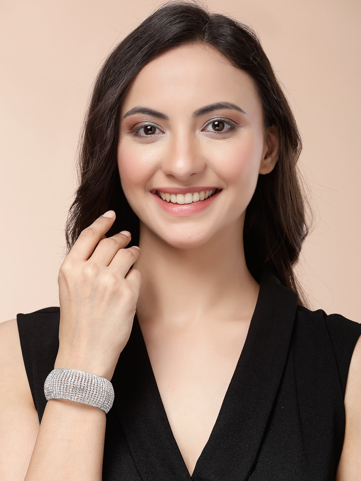 Scintillare By Sukkhi Graceful Rhodium Plated with Crystal Stone Studded Adjustable Silver Cuff Kada Bracelet Jewellery for For Women & Girls|BC107142
