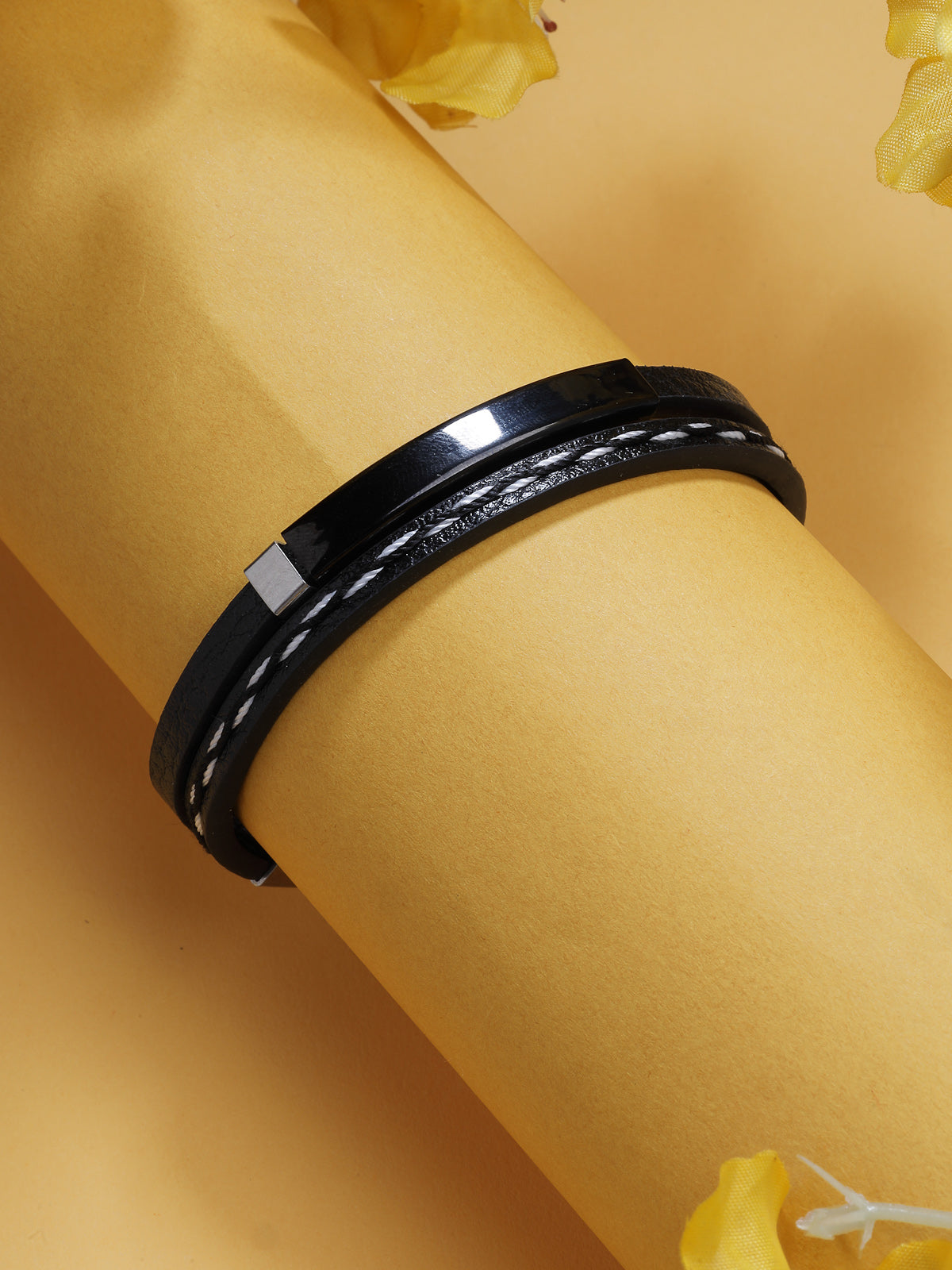Scintillare By Sukkhi Charming Leather Silicon Wristband Black Bracelet Jewellery for Men & Boys|Accessories jewellery for Unisex|Birthday Gift for Girls and Boys|BC107143