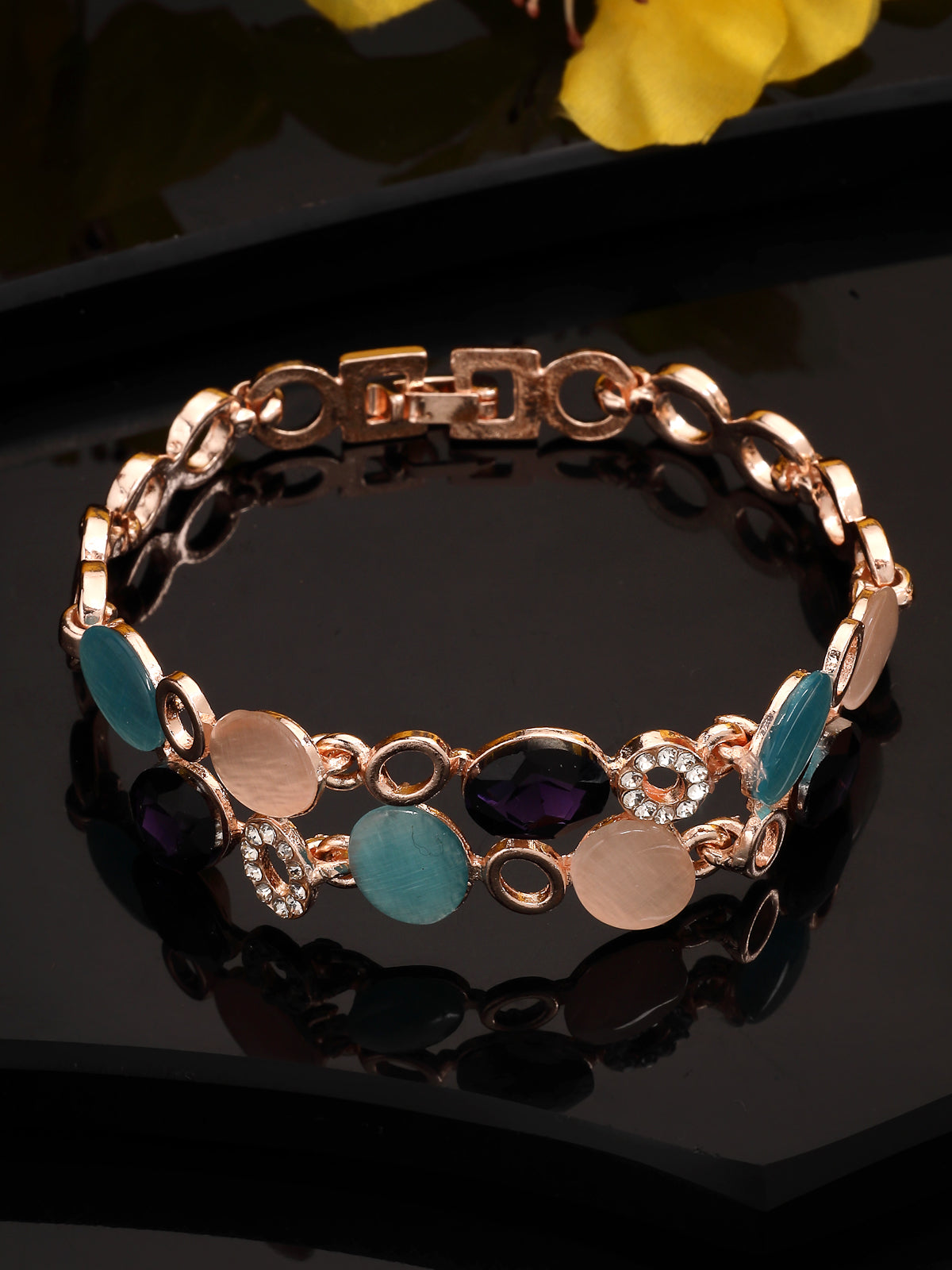 Scintillare By Sukkhi Iconic Latest Stylish Rose Gold Plated Crystal Diamond Studded Oval Shaped Adjustable Bracelet Jewellery for Women & Girls|BC107145