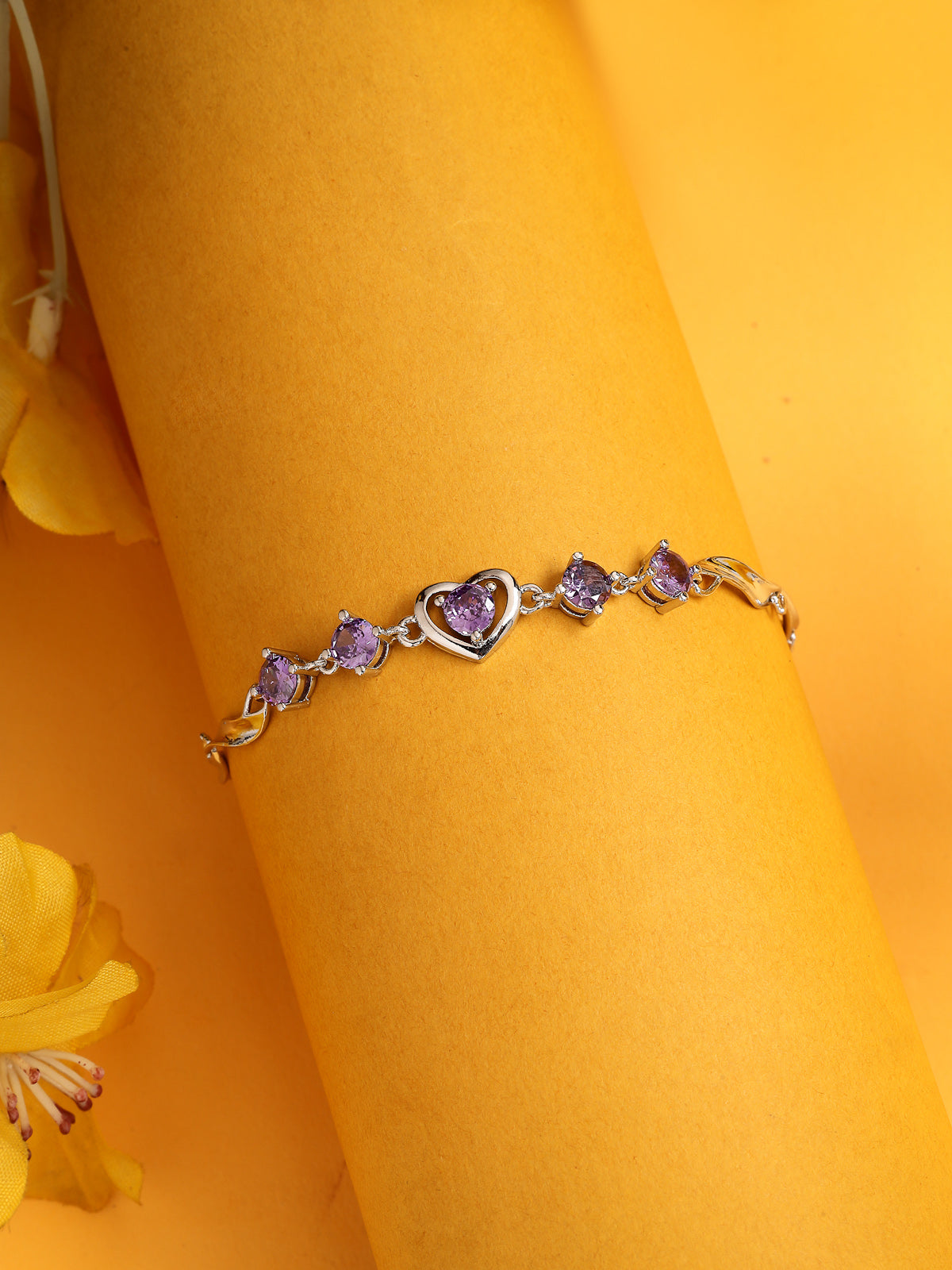 Scintillare By Sukkhi Lovely Copper Sterling Silver Plated Heart Shaped Designed Purple Charm Bracelet Jewellery For Women & Girls|Gifts for Wife Girlfriend Mother Sister|BC107149