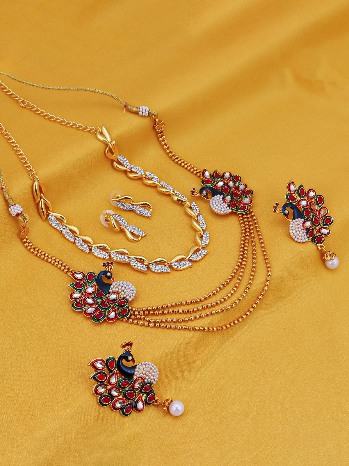 Sukkhi Gleaming Pearl Gold Plated Peacock Meenakari Long Haram Necklace Set Combo For Women CB71484GLDPM1450