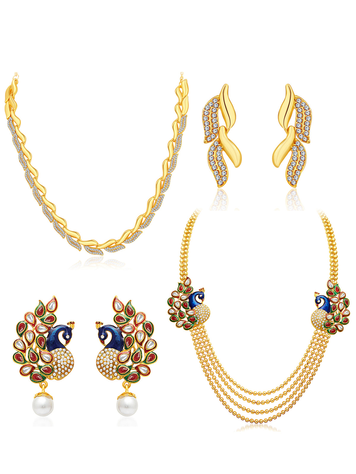 Sukkhi Gleaming Pearl Gold Plated Peacock Meenakari Long Haram Necklace Set Combo For Women CB71484GLDPM1450