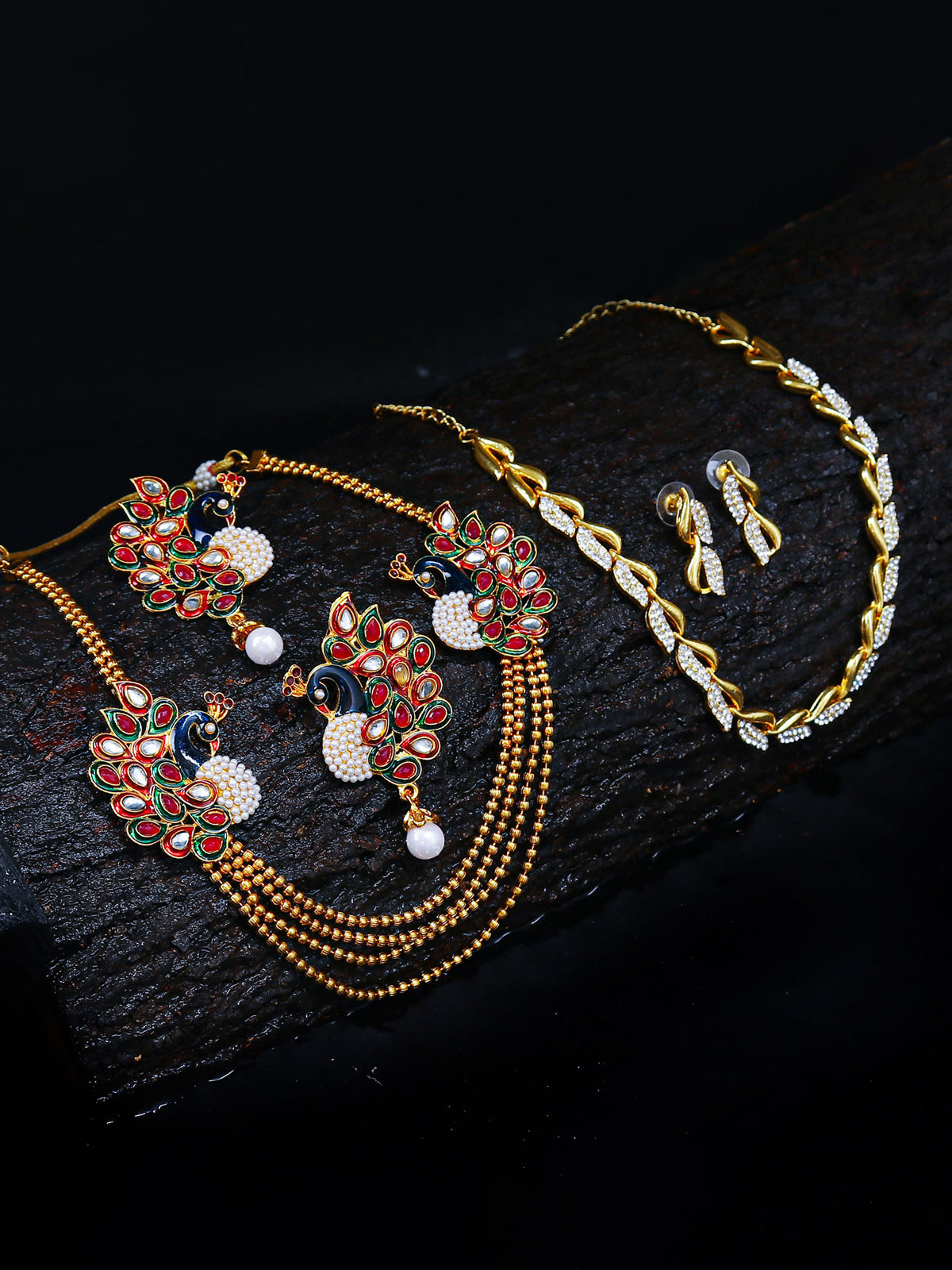 Sukkhi Gleaming Pearl Gold Plated Peacock Meenakari Long Haram Necklace Set Combo For Women CB71484GLDPM1450
