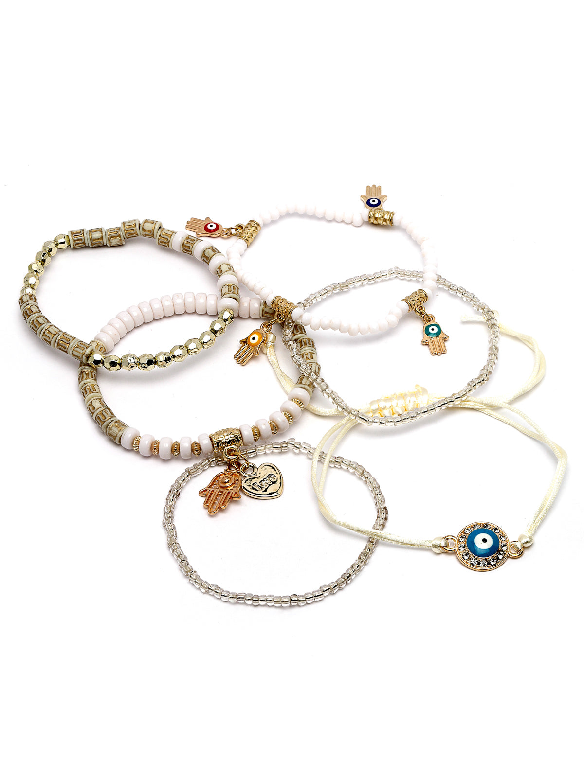 Scintillare by Sukkhi Elegant Latest Stackable Design Gold Plated Crystals with Evil-Eye Adjustable Combo Bangle Bracelet for Women & Girls ( Set of 5)|Birthday Gift for Women|(Golden)|CBBC106631