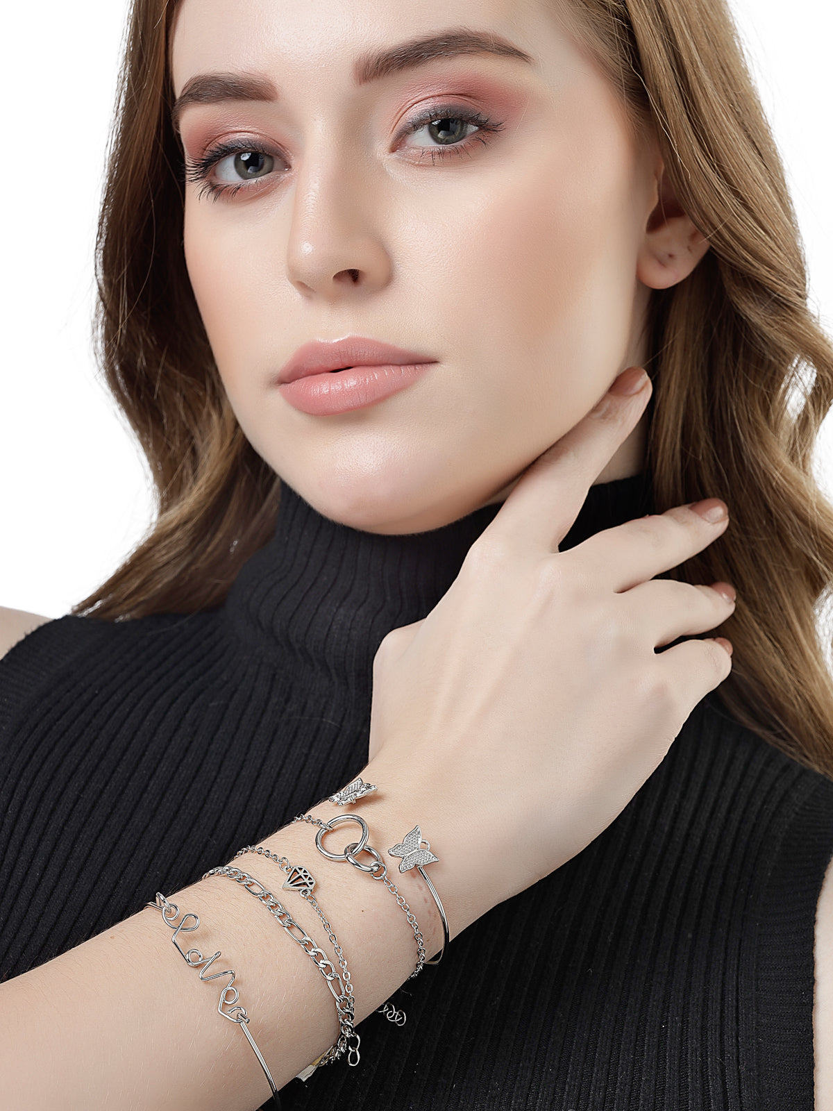 Scintillare by Sukkhi Sparkling Latest Stackable Design Rhodium Plated Love Butterfly Diamond Inspired Adjustable Combo Bangle Bracelet for Women & Girls ( Set of 5)|Birthday Gift for Women|CBBC106633