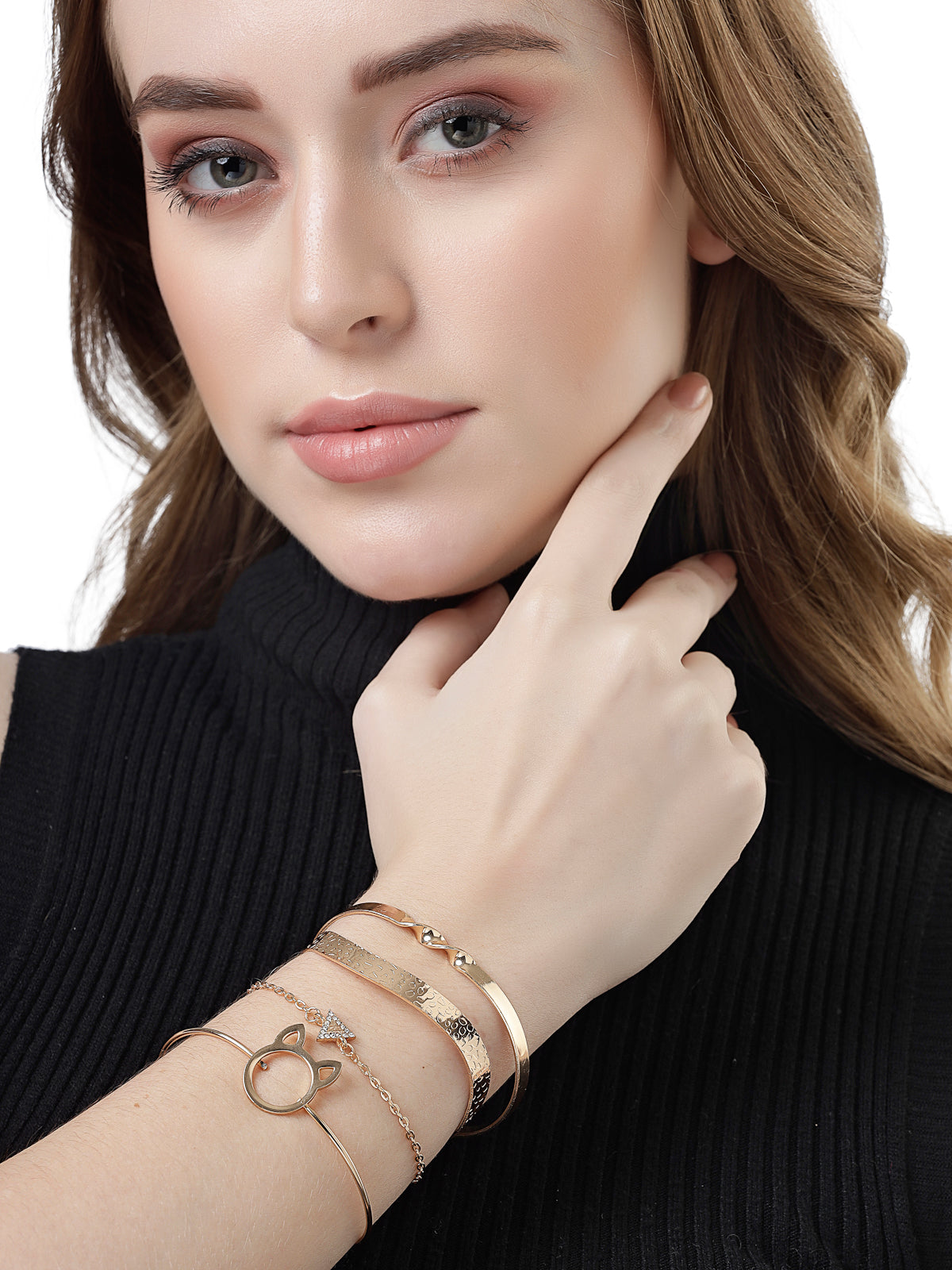 Scintillare by Sukkhi Western Fashionable Stackable Design Gold Plated with Crystals Adjustable Cuff Kada Combo Bangle Bracelet for Women & Girls (Set of 4)|Birthday Gift for Women|(Golden)|CBBC106640