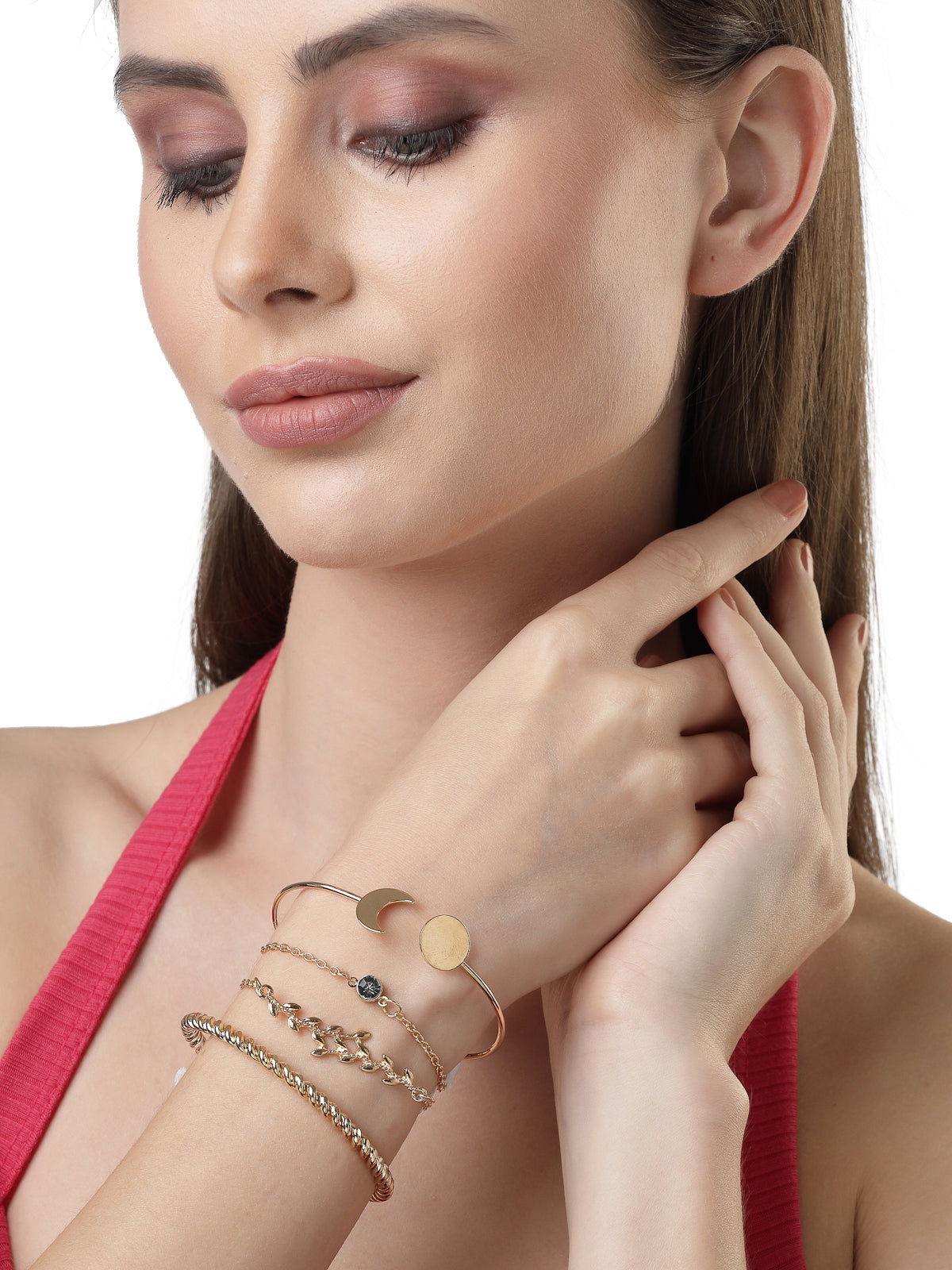 Scintillare by Sukkhi Trendy Latest Stackable Design Gold Plated Multilarer Adjustable Crystals Combo Bangle Bracelet for Women & Girls (Set of 4)|Birthday Gift for Women|(Golden)|CBBC106795