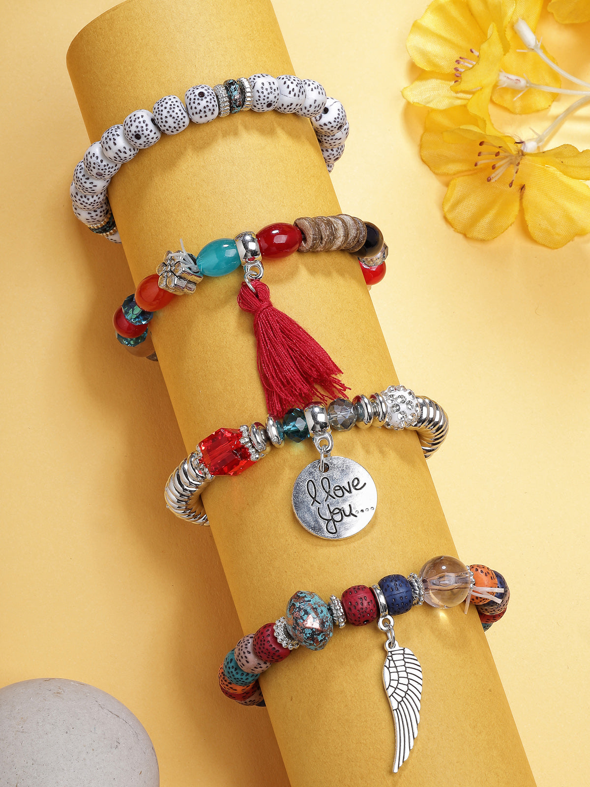 Scintillare By Sukkhi Attractive Latest Stylish Bohemian I Love You Feather Tassel Charm Multilayer Beads Multicolor Bangle & Bodhi Bracelet Jewellery for Women & Girls|Pack of 4|CBBC107154