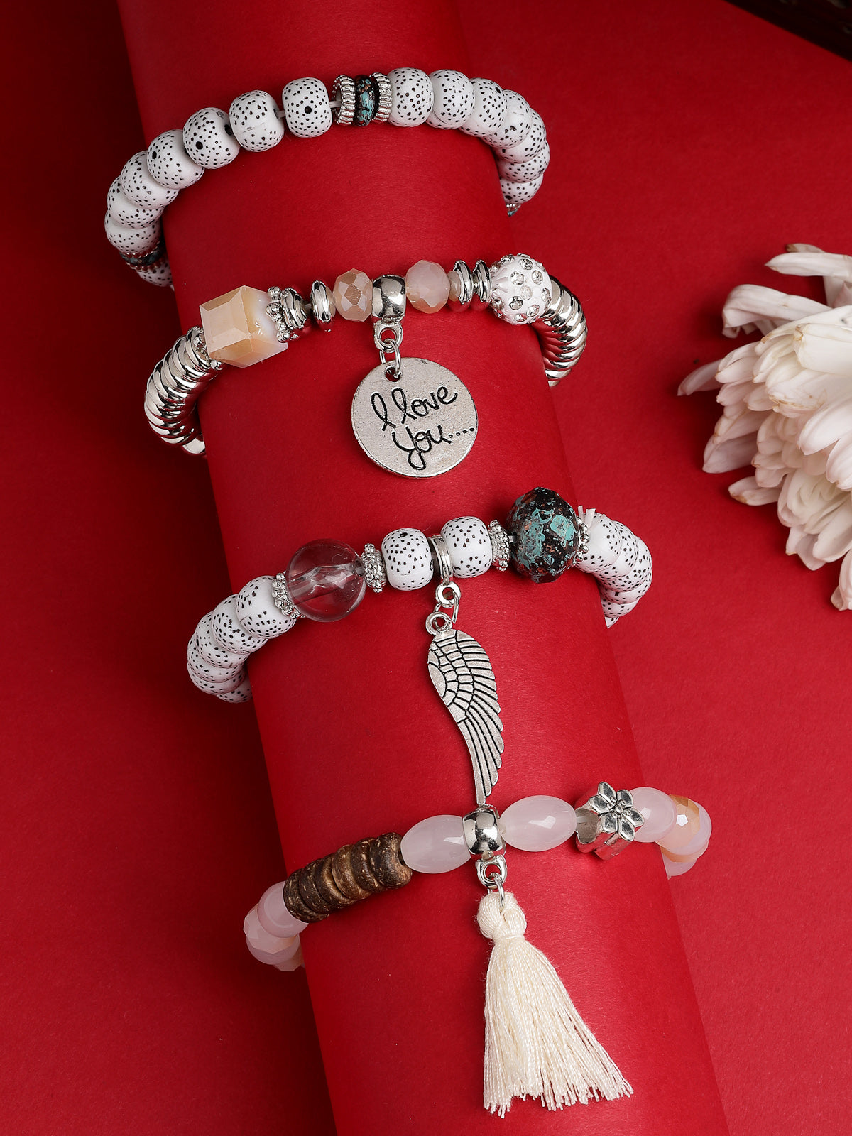 Scintillare By Sukkhi Attractive Stylish Bohemian I Love You Feather Tassel Charm Multilayer Beaded White Bangle & Bodhi Bracelet Jewellery for Women & Girls|Pack of 4|CBBC107155