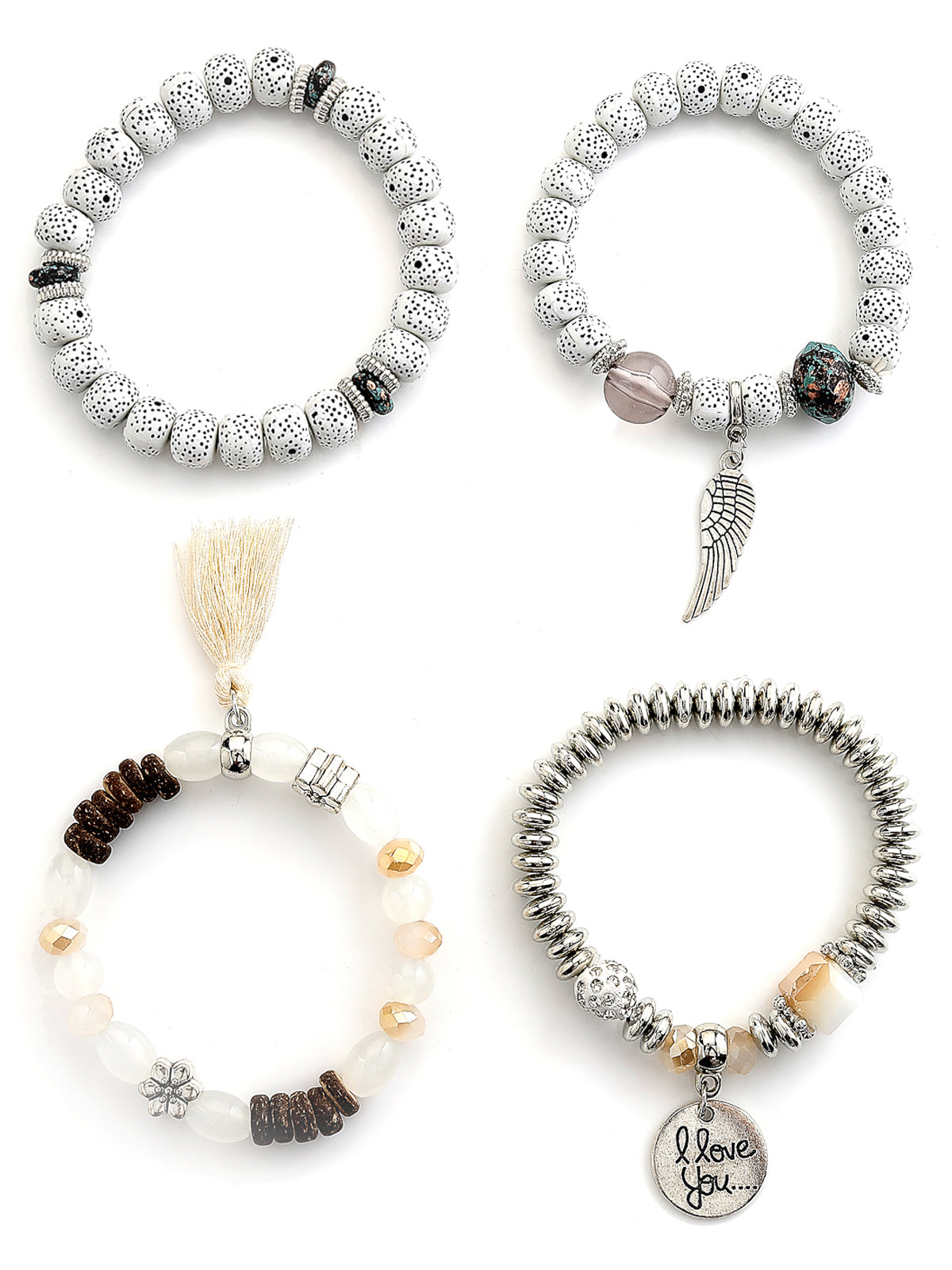 Scintillare By Sukkhi Attractive Stylish Bohemian I Love You Feather Tassel Charm Multilayer Beaded White Bangle & Bodhi Bracelet Jewellery for Women & Girls|Pack of 4|CBBC107155