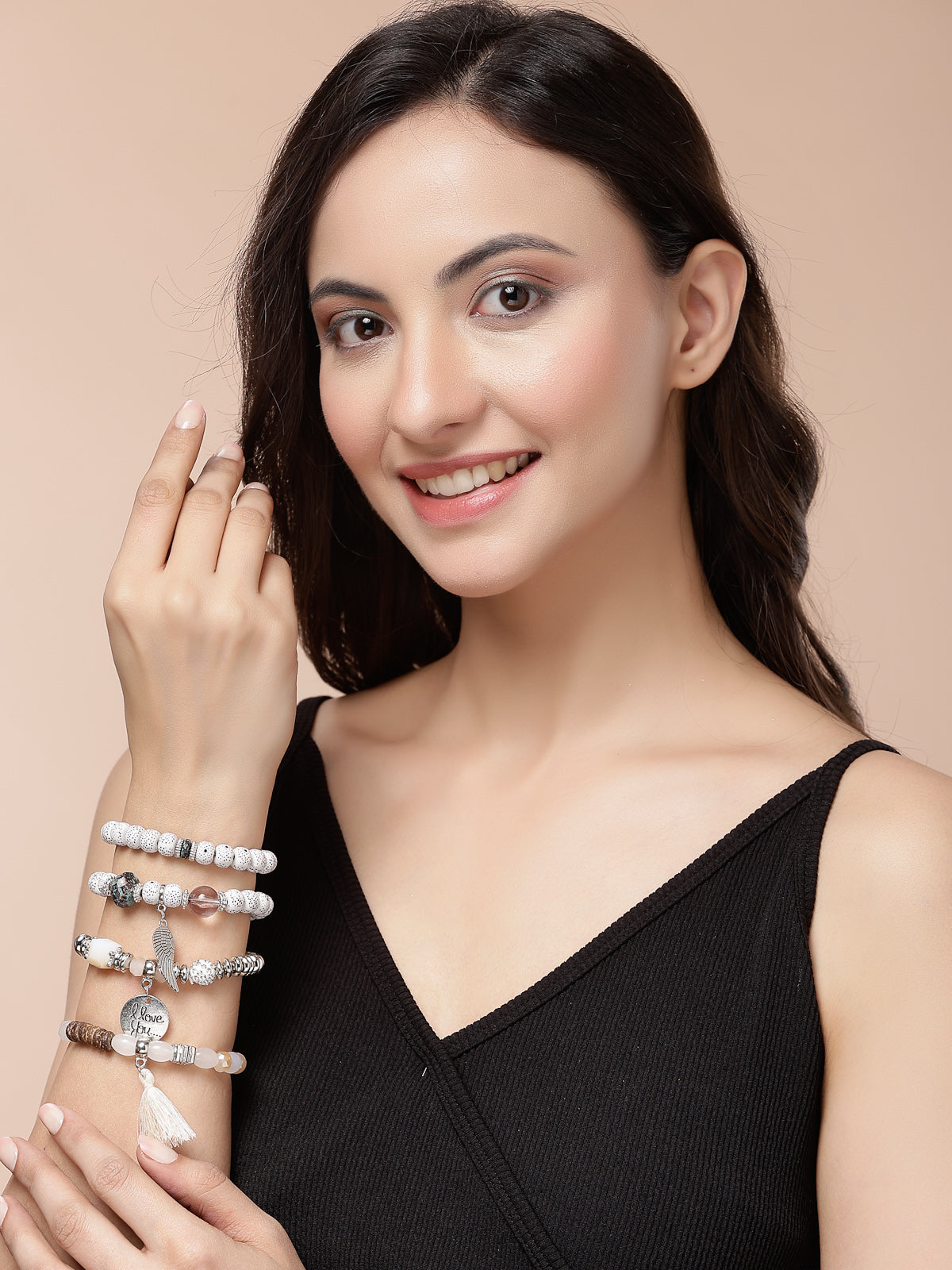 Scintillare By Sukkhi Attractive Stylish Bohemian I Love You Feather Tassel Charm Multilayer Beaded White Bangle & Bodhi Bracelet Jewellery for Women & Girls|Pack of 4|CBBC107155