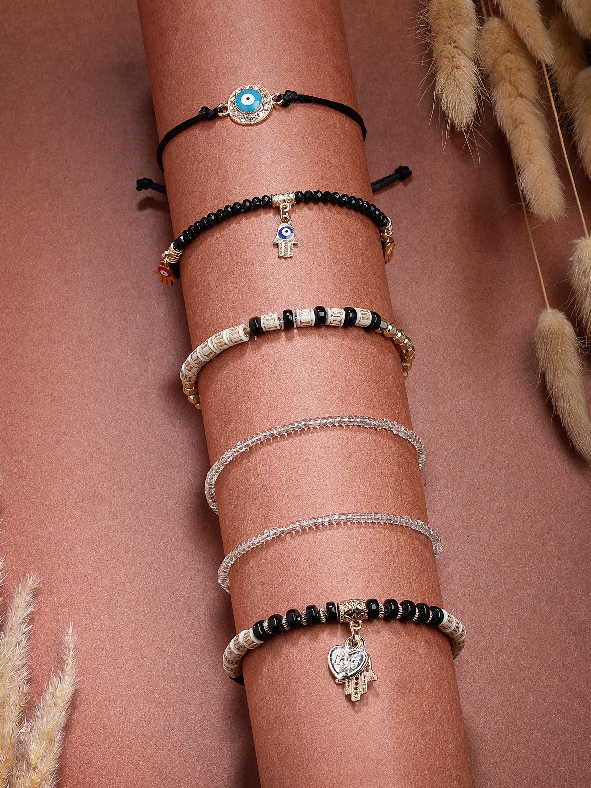 Scintillare By Sukkhi Amazing Bohemian Stackable Multilayer Hamsa Hand & Evil Eye Lucky Protection Bracelet Black White Crystal Charm Beaded Bracelet for Women & Girls|Pack of 6|CBBC107156