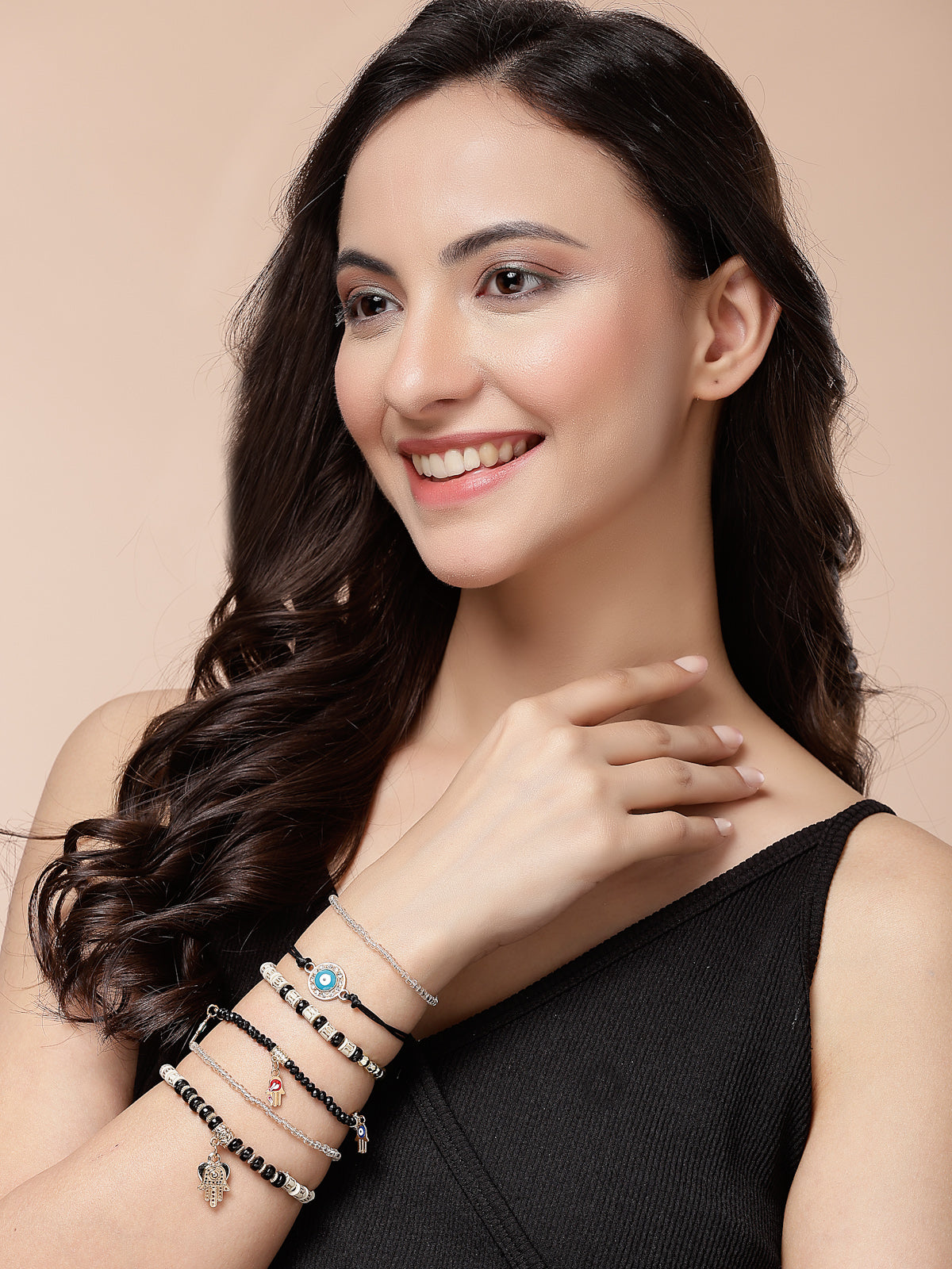 Scintillare By Sukkhi Amazing Bohemian Stackable Multilayer Hamsa Hand & Evil Eye Lucky Protection Bracelet Black White Crystal Charm Beaded Bracelet for Women & Girls|Pack of 6|CBBC107156