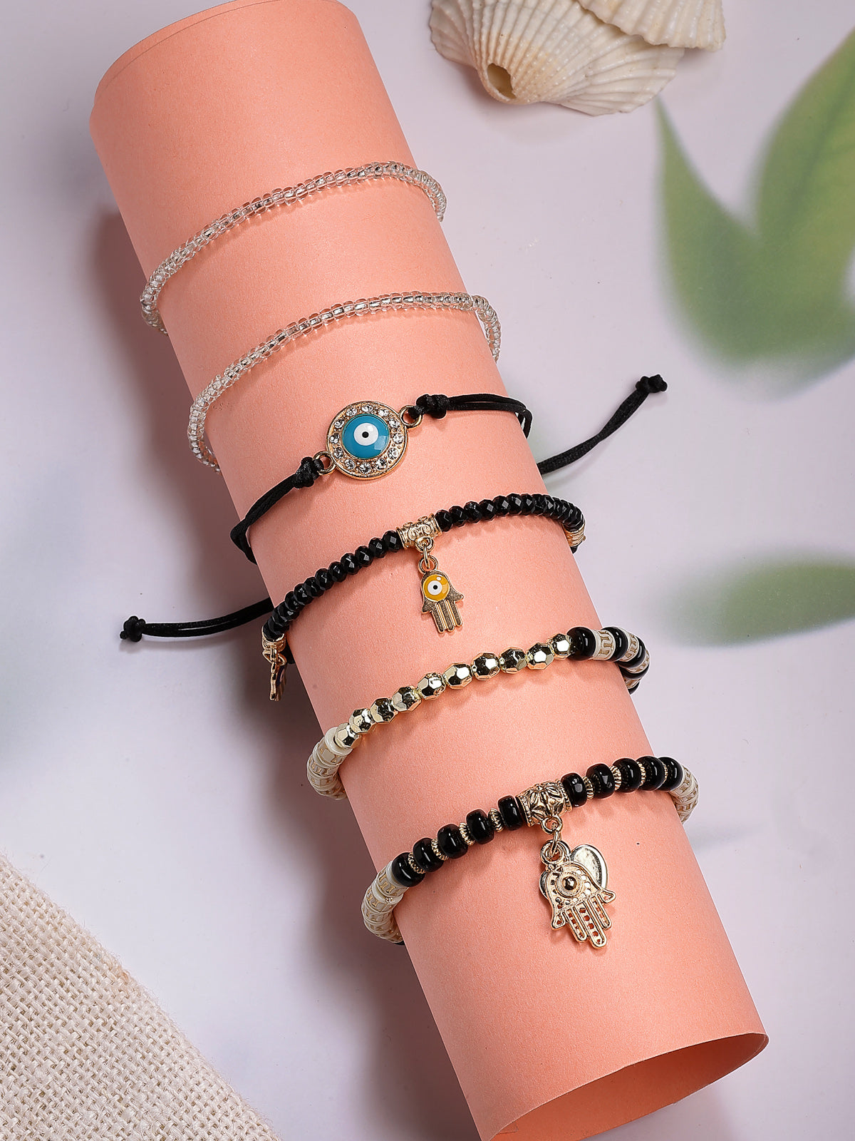 Scintillare By Sukkhi Amazing Bohemian Stackable Multilayer Hamsa Hand & Evil Eye Lucky Protection Bracelet Black White Crystal Charm Beaded Bracelet for Women & Girls|Pack of 6|CBBC107156