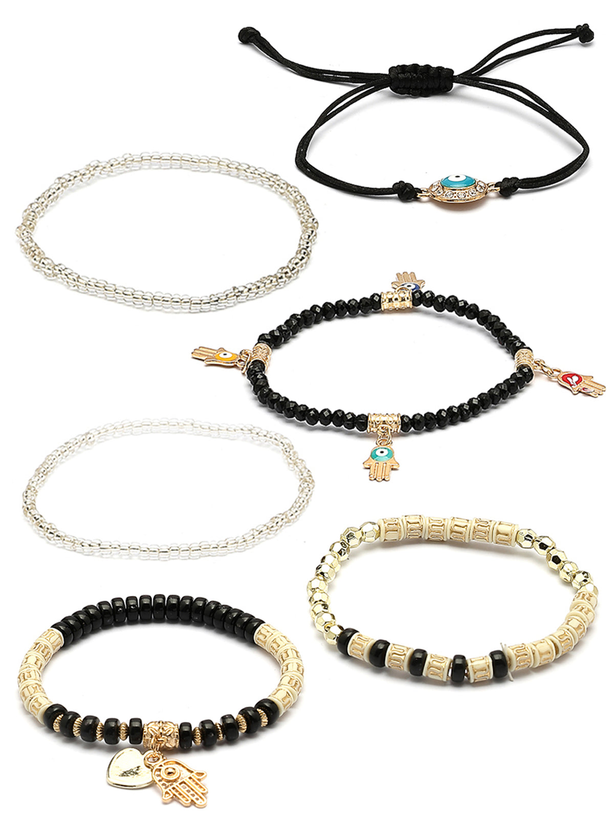 Scintillare By Sukkhi Amazing Bohemian Stackable Multilayer Hamsa Hand & Evil Eye Lucky Protection Bracelet Black White Crystal Charm Beaded Bracelet for Women & Girls|Pack of 6|CBBC107156