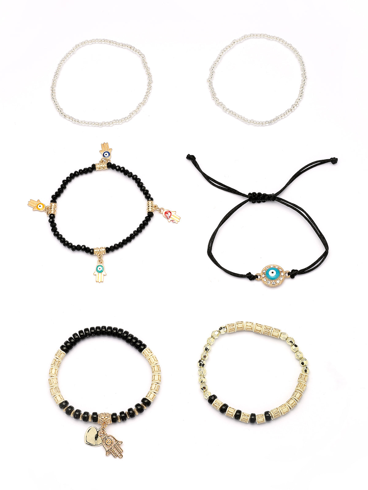Scintillare By Sukkhi Amazing Bohemian Stackable Multilayer Hamsa Hand & Evil Eye Lucky Protection Bracelet Black White Crystal Charm Beaded Bracelet for Women & Girls|Pack of 6|CBBC107156