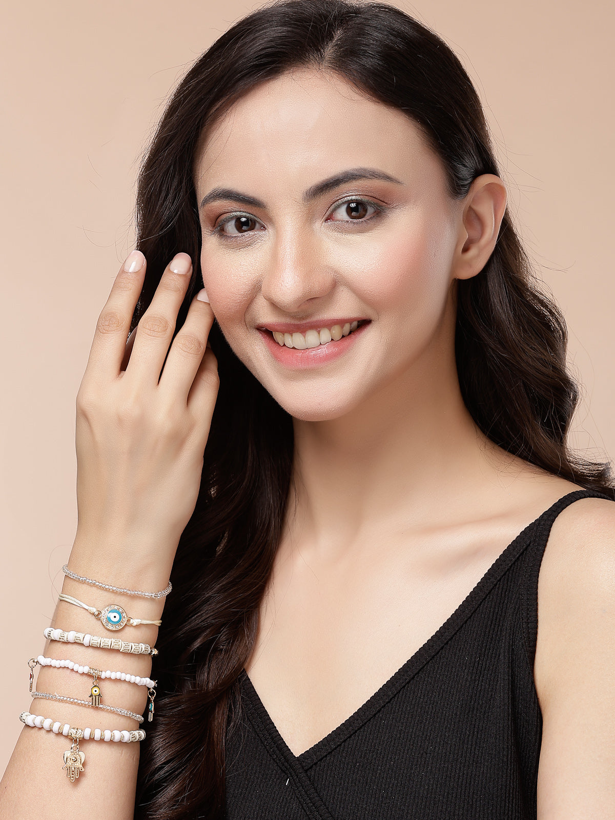 Scintillare By Sukkhi Amazing Bohemian Stackable Multilayer Hamsa Hand & Evil Eye Lucky Protection Bracelet White Crystal Charm Beaded Bracelet for Women & Girls|Pack of 6|CBBC107158