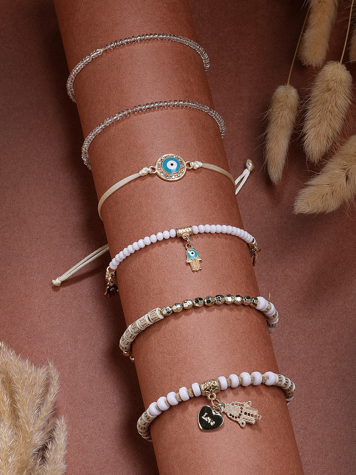 Scintillare By Sukkhi Amazing Bohemian Stackable Multilayer Hamsa Hand & Evil Eye Lucky Protection Bracelet White Crystal Charm Beaded Bracelet for Women & Girls|Pack of 6|CBBC107158