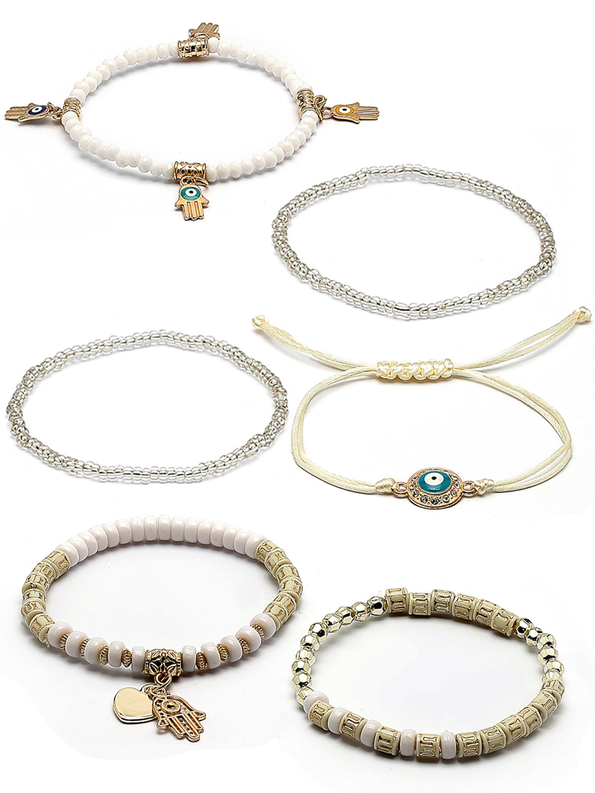 Scintillare By Sukkhi Amazing Bohemian Stackable Multilayer Hamsa Hand & Evil Eye Lucky Protection Bracelet White Crystal Charm Beaded Bracelet for Women & Girls|Pack of 6|CBBC107158