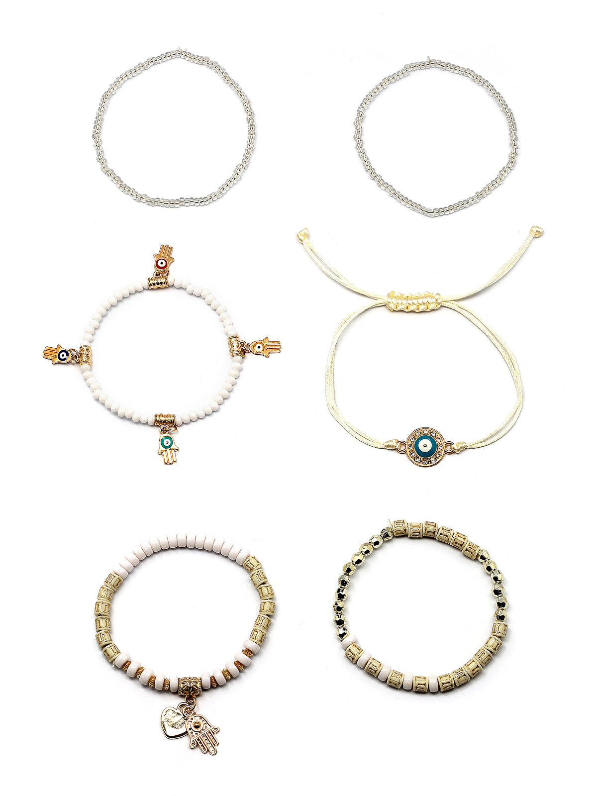Scintillare By Sukkhi Amazing Bohemian Stackable Multilayer Hamsa Hand & Evil Eye Lucky Protection Bracelet White Crystal Charm Beaded Bracelet for Women & Girls|Pack of 6|CBBC107158
