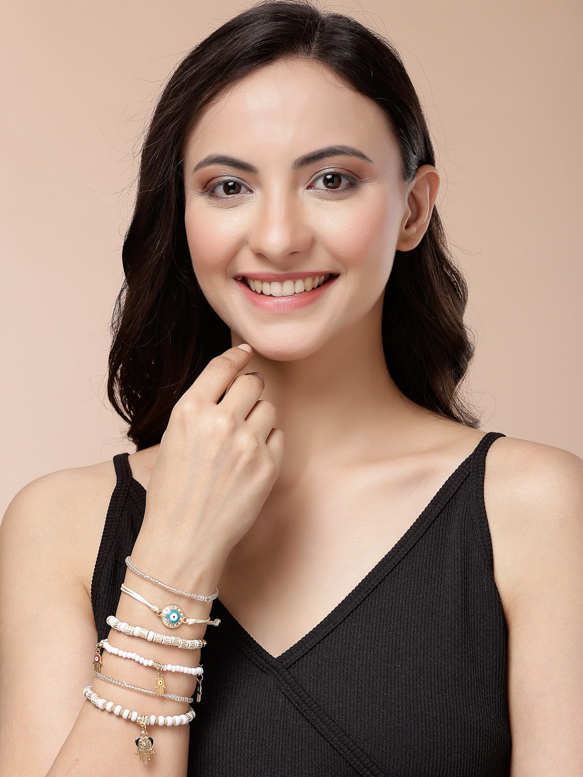 Scintillare By Sukkhi Amazing Bohemian Stackable Multilayer Hamsa Hand & Evil Eye Lucky Protection Bracelet White Crystal Charm Beaded Bracelet for Women & Girls|Pack of 6|CBBC107158