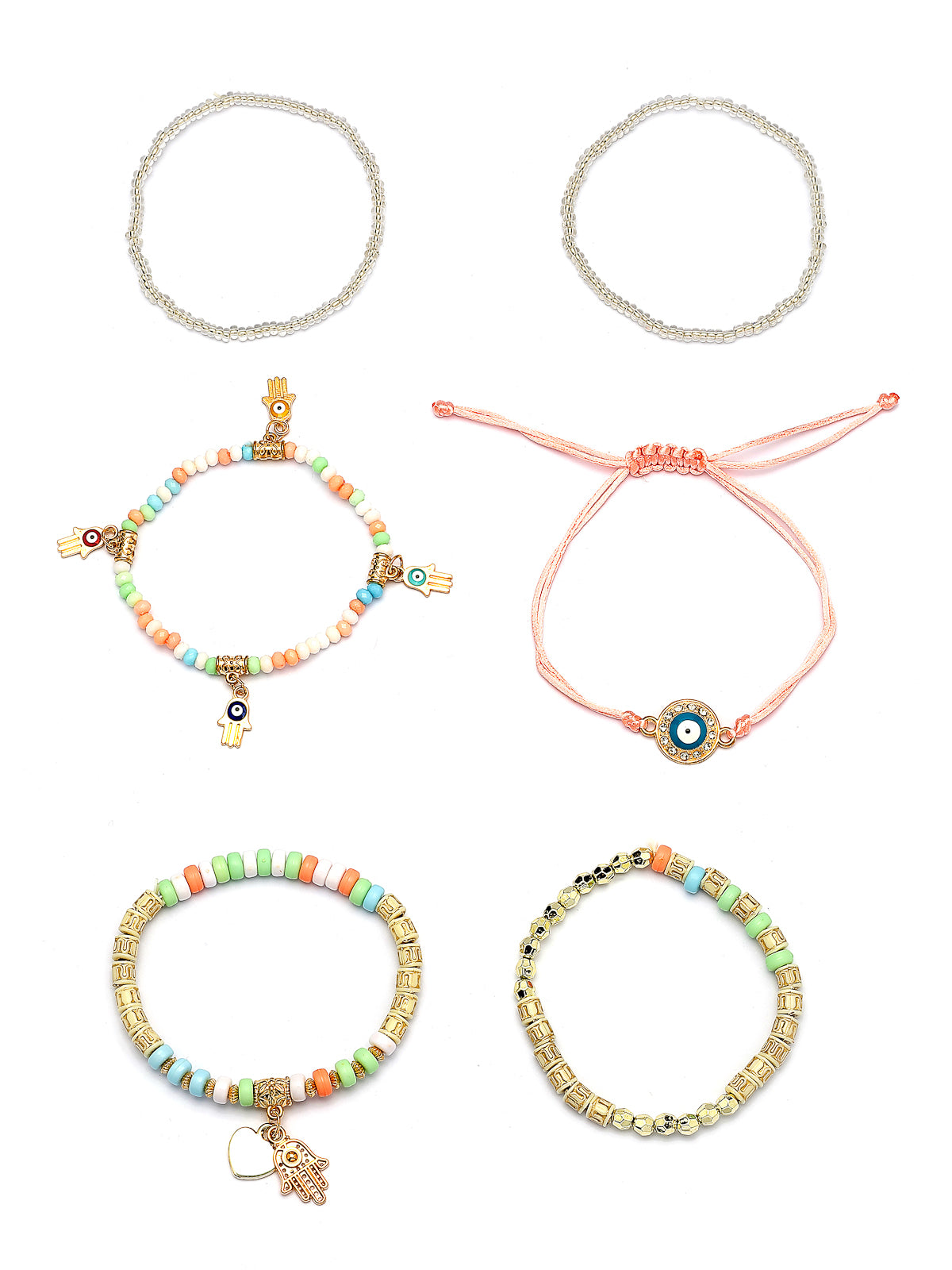 Scintillare By Sukkhi Amazing Bohemian Stackable Multilayer Hamsa Hand & Evil Eye Lucky Protection Bracelet White Crystal Charm Beaded Bracelet for Women & Girls|Pack of 6|CBBC107159