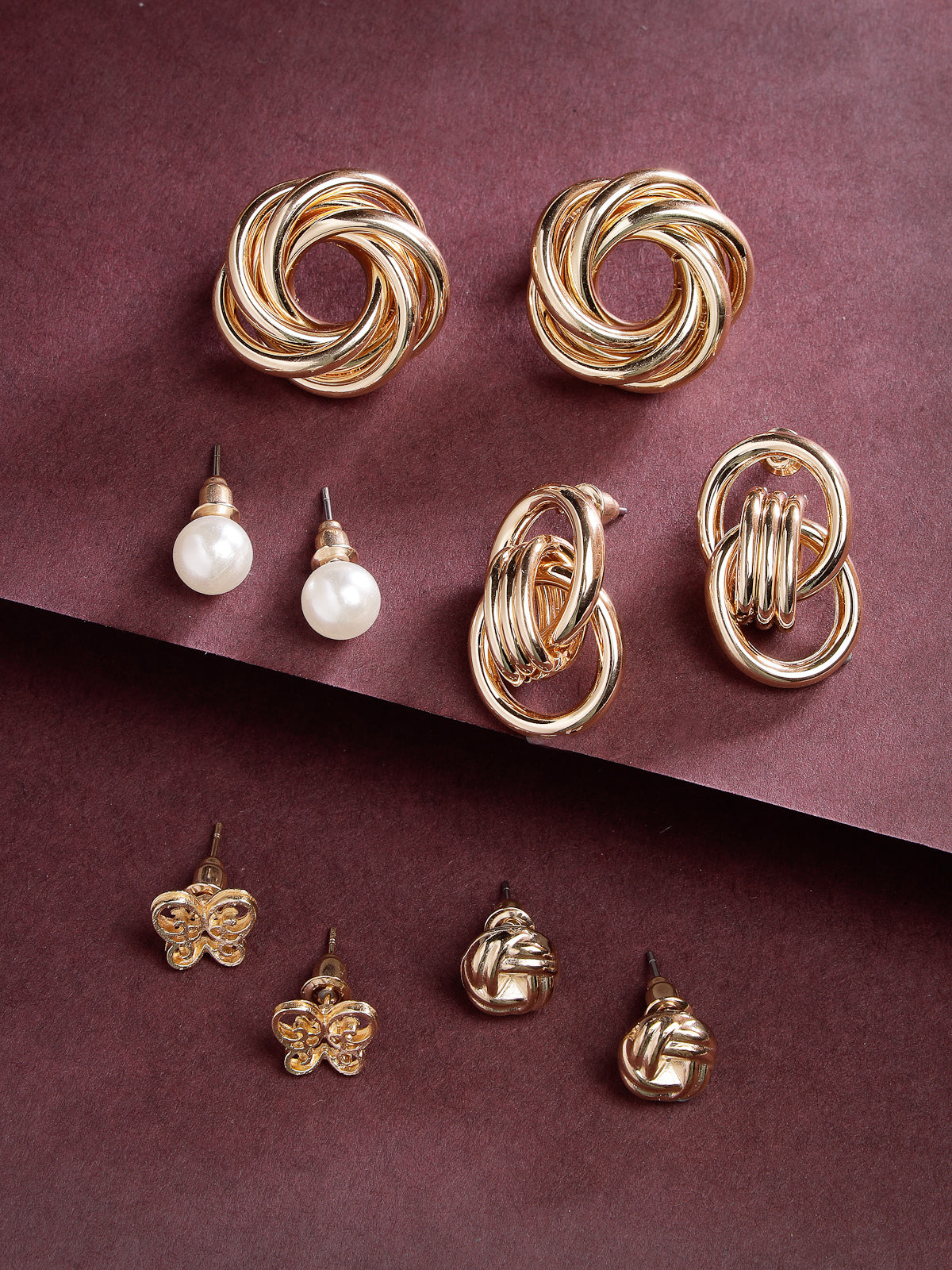 Scintillare by Sukkhi Daily Wear Stylish Gold Plated Studs Butterfly Geometric Combo Earring for Women & Girls Stylish Fashion| 5 Pair of Combo Set (Golden)|CBE106536