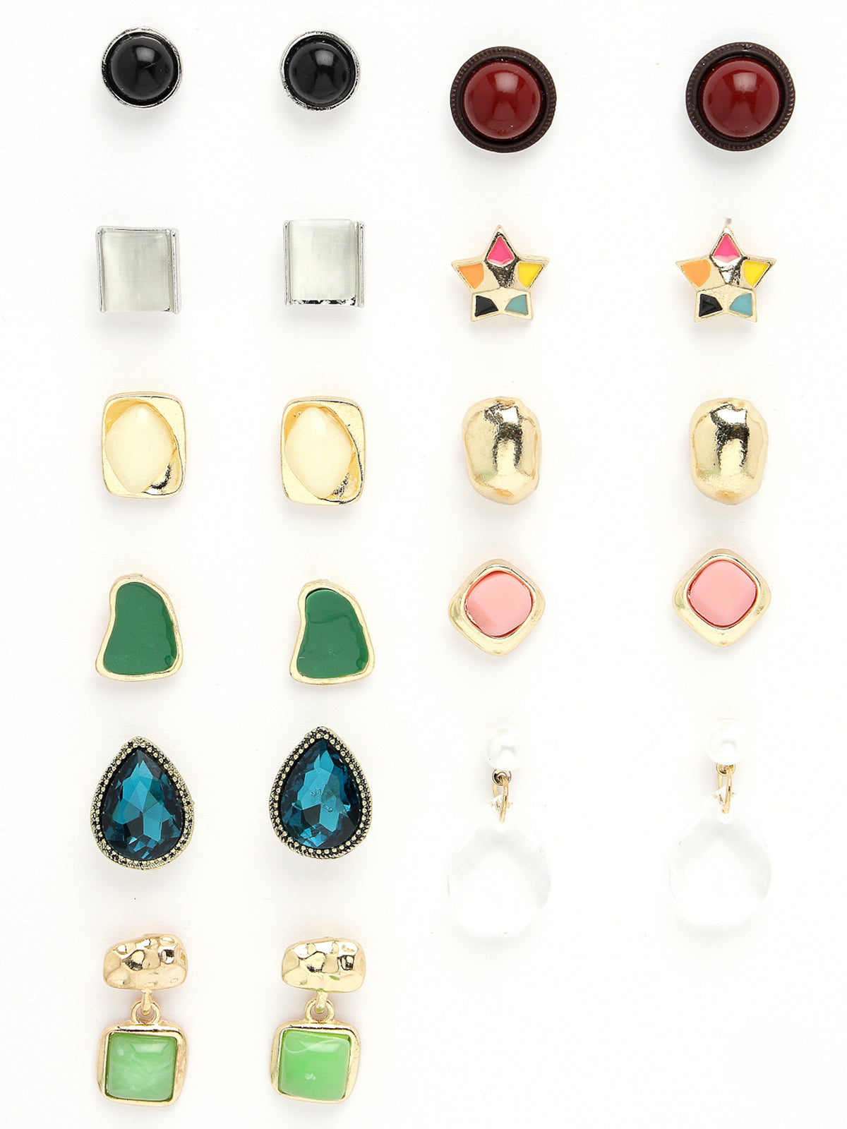 Scintillare by Sukkhi Delicate Gold Plated Multicolor Crystals Geometric Studs Dangler Combo Earring for Women & Girls Stylish Fashion|14 Pair of Combo Set|CBE106567