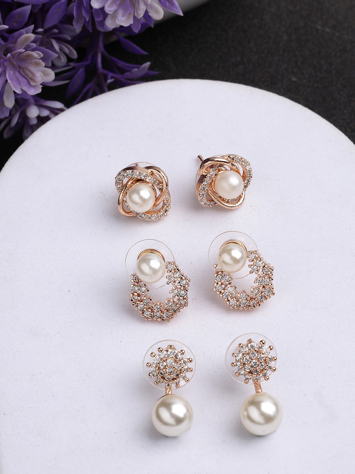 Scintillare By Sukkhi Eye-Catchy Cubic Zirconia & Pearls Studded Rose Gold Plated Contemporary Stylish Studs & Drop Combo Earrings for Women & Girls|Pair of 3|CBE107179