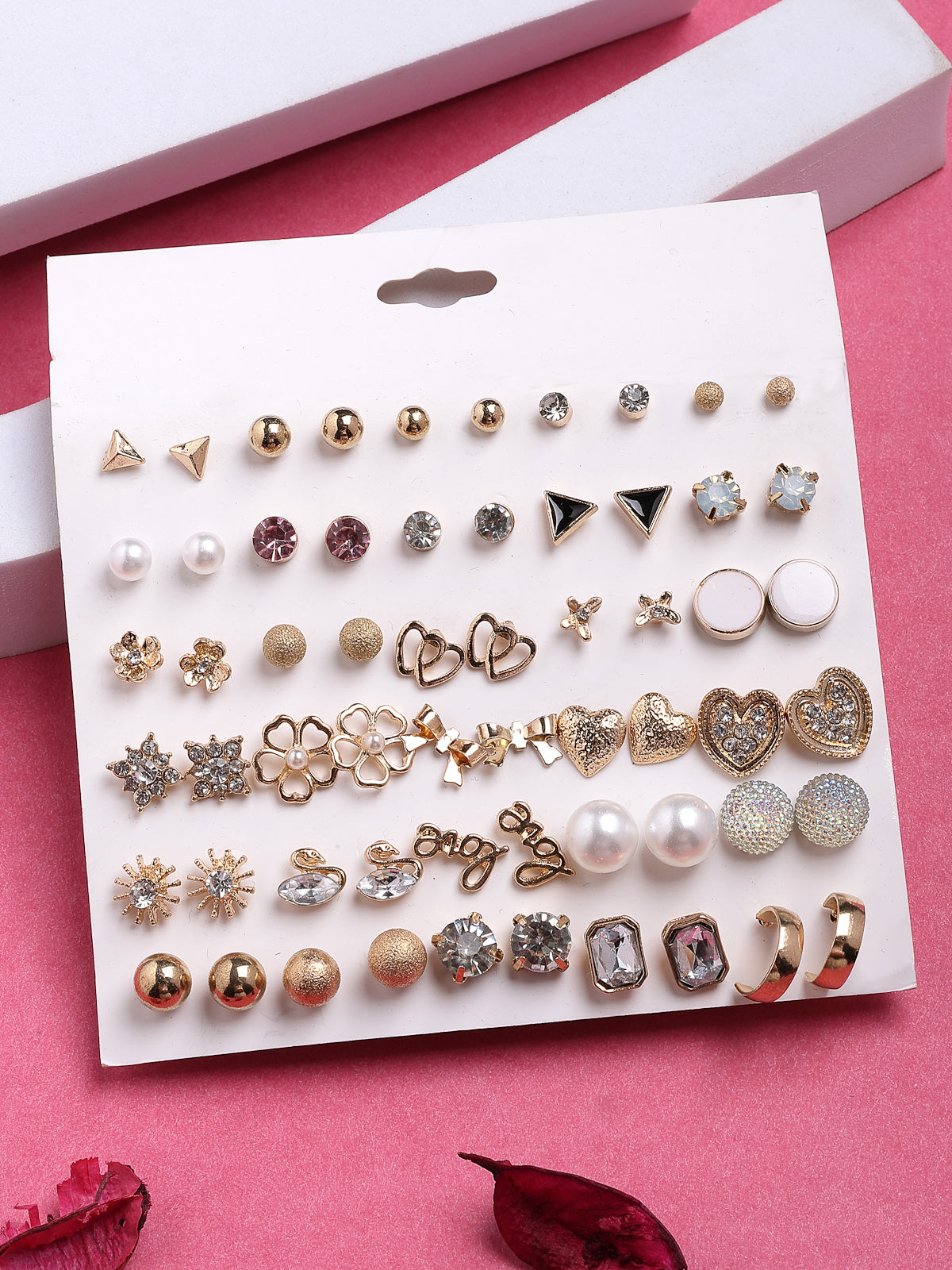 Scintillare By Sukkhi Most Beautiful Latest Stylish Gold Plated Crystal & Pearls Studded Studs Combo Earrings For Women & Girls|Pair of 30|Gifts for Wife Girlfriend Mother Sister|CBE107188