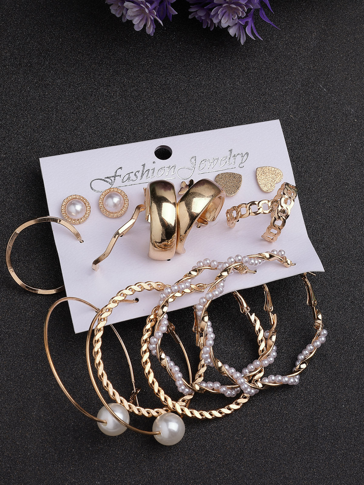 Scintillare By Sukkhi Desirable Latest Stylish Gold Plated Multi Shaped Diamond & Pearls Studded Studs Hoop Combo Earrings for Women & Girls|Pair of 9|CBE107196