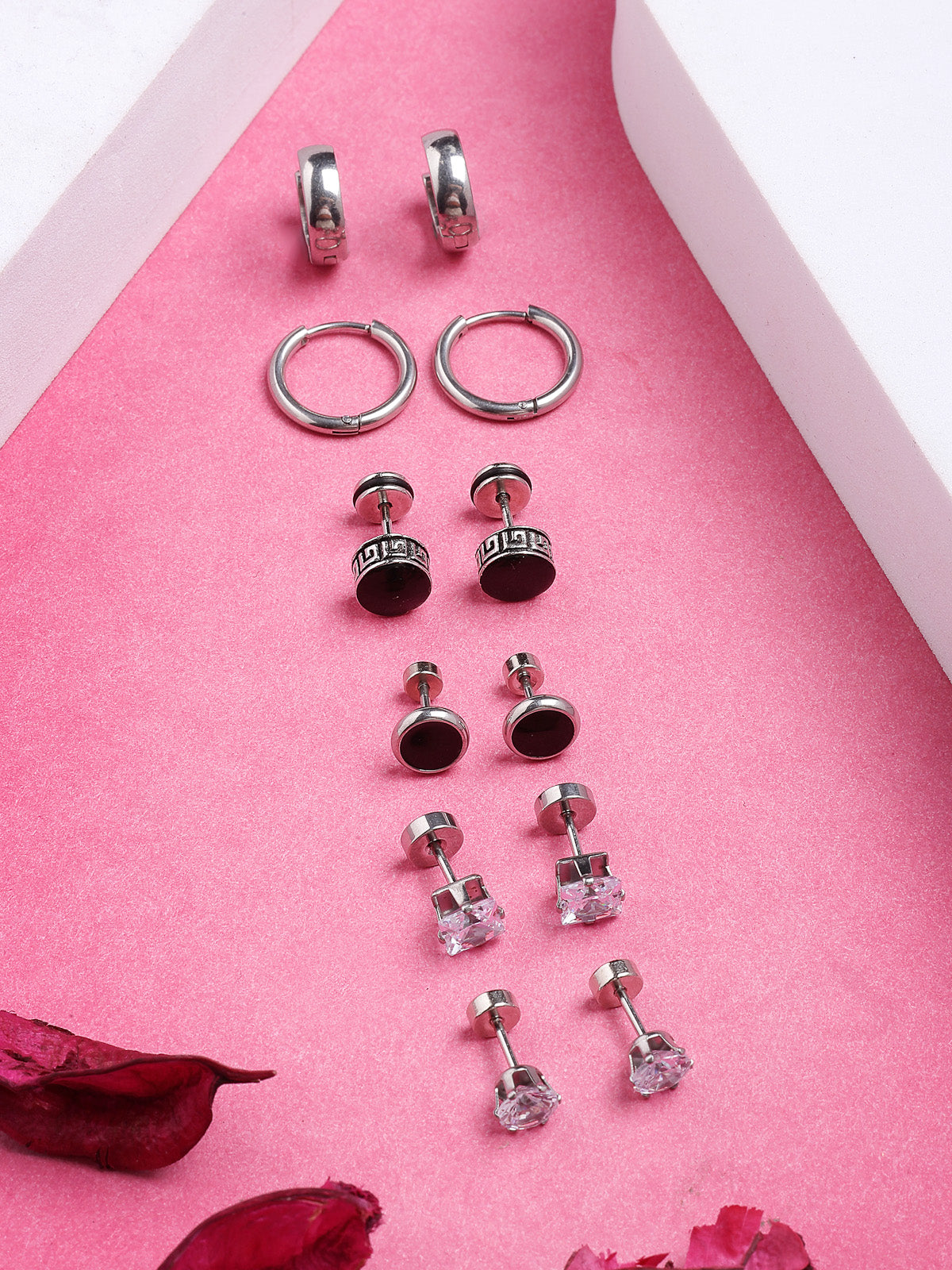 Scintillare By Sukkhi Attractive Stainless Sheel Rhodium Plated Silver Black Studs & Hoop Combo Earrings for Men & Boys|for Unisex|Pair of 6|CBE107198