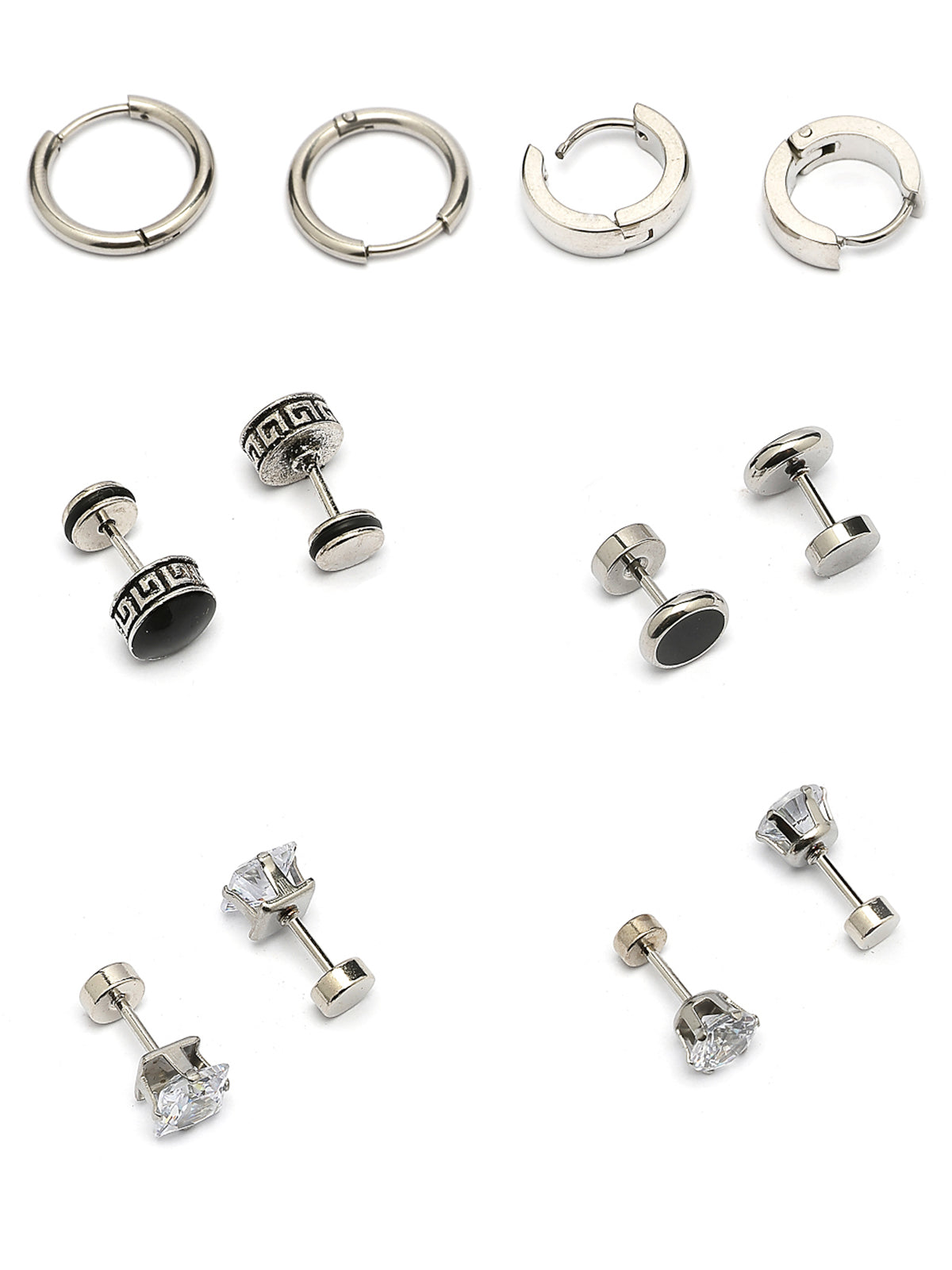 Scintillare By Sukkhi Attractive Stainless Sheel Rhodium Plated Silver Black Studs & Hoop Combo Earrings for Men & Boys|for Unisex|Pair of 6|CBE107198