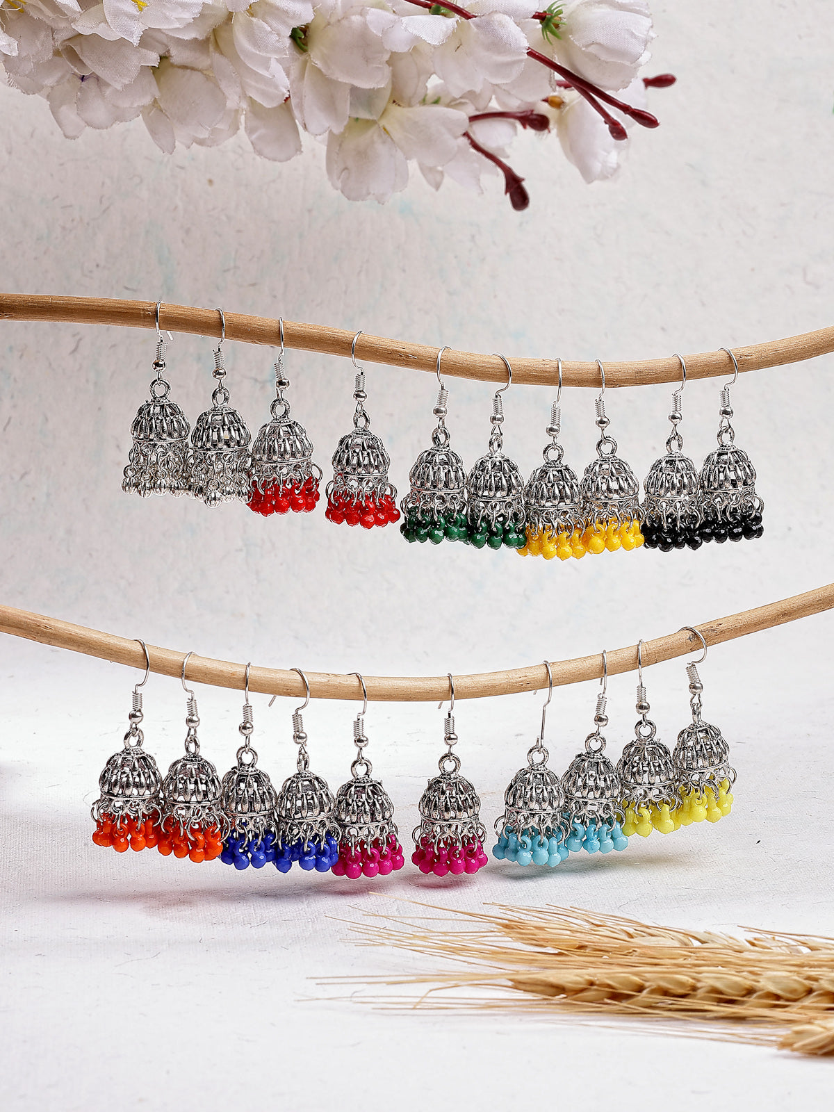 Sukkhi Casual Fashion Style Oxidised Silver Plated with Multicolor Beaded Mini Jhumka/Jhumki Earring Combo Jewellery for Women & Girls|Pair of 10|CBE107305
