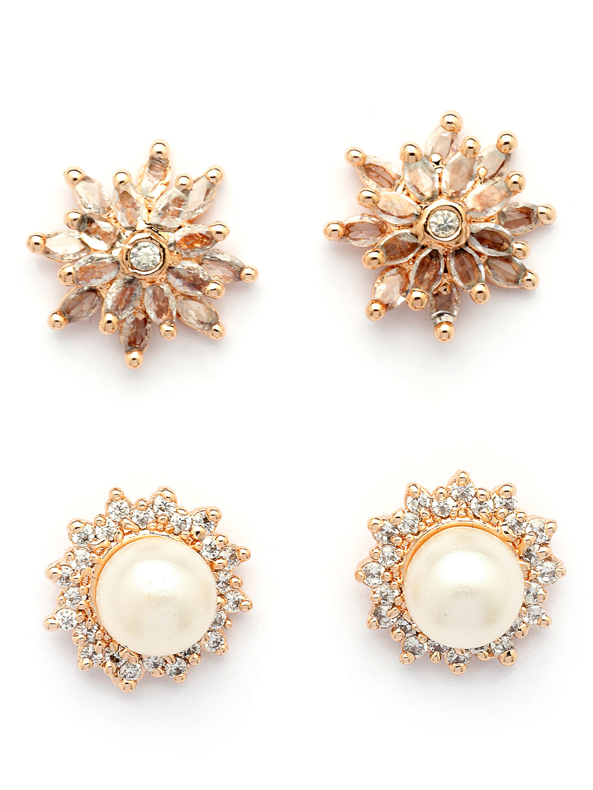 Sukkhi Beautiful Elegant Floral Stylish Gold Tone Plated with Cubic Zirconia Diamond & Pearls Studded Brass Studs Combo Earrings Jewellery For Women & Girls|Pair of 2|CBE107307