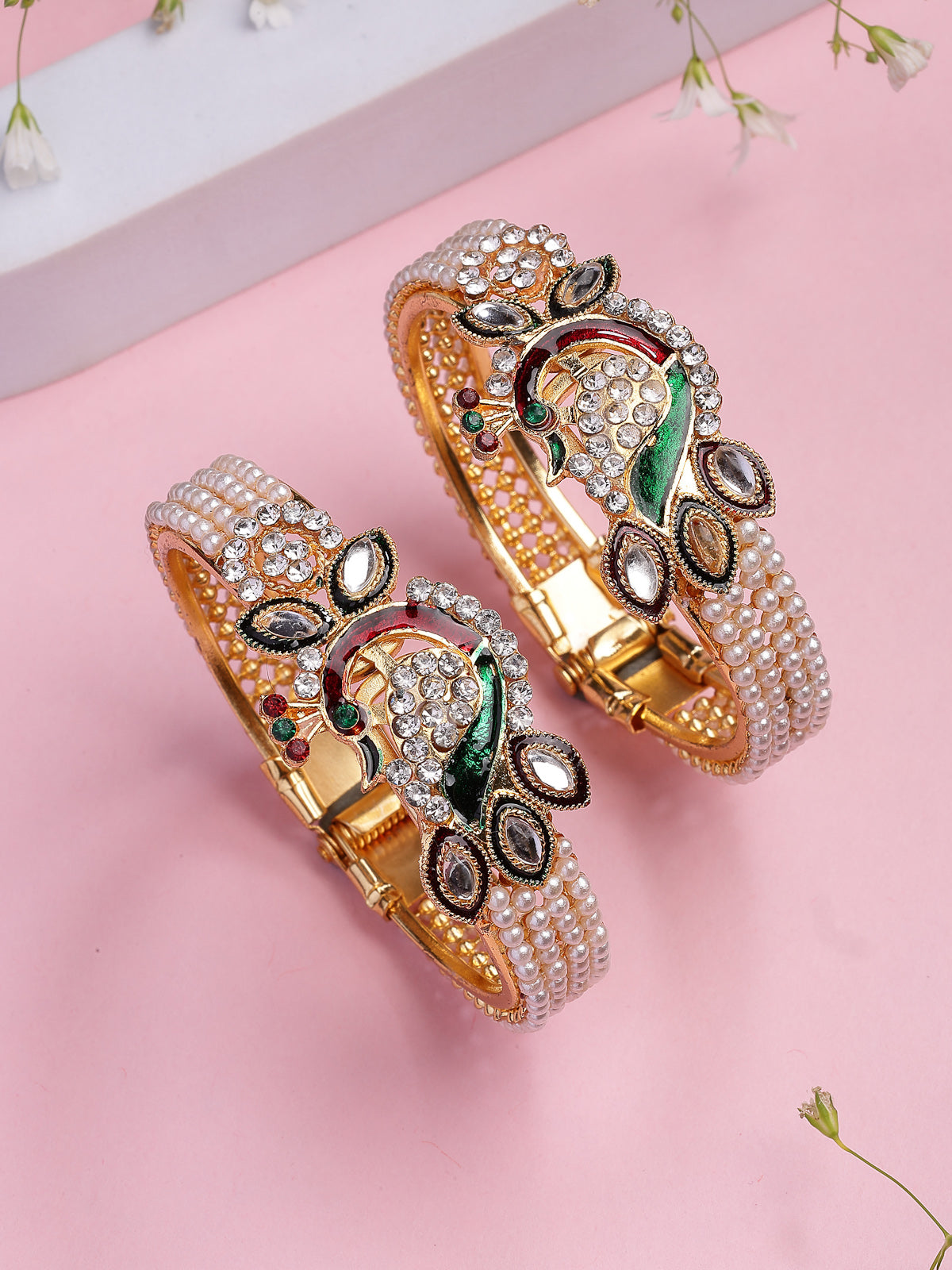 Sukkhi Trendy Fashion 18K Gold Plated with Diamond Studded Peacock Shaped & Meenakari Work Kada Bangle Set Jewellery For Women & Girls|Pack of 2|CBK107312 CBK107312