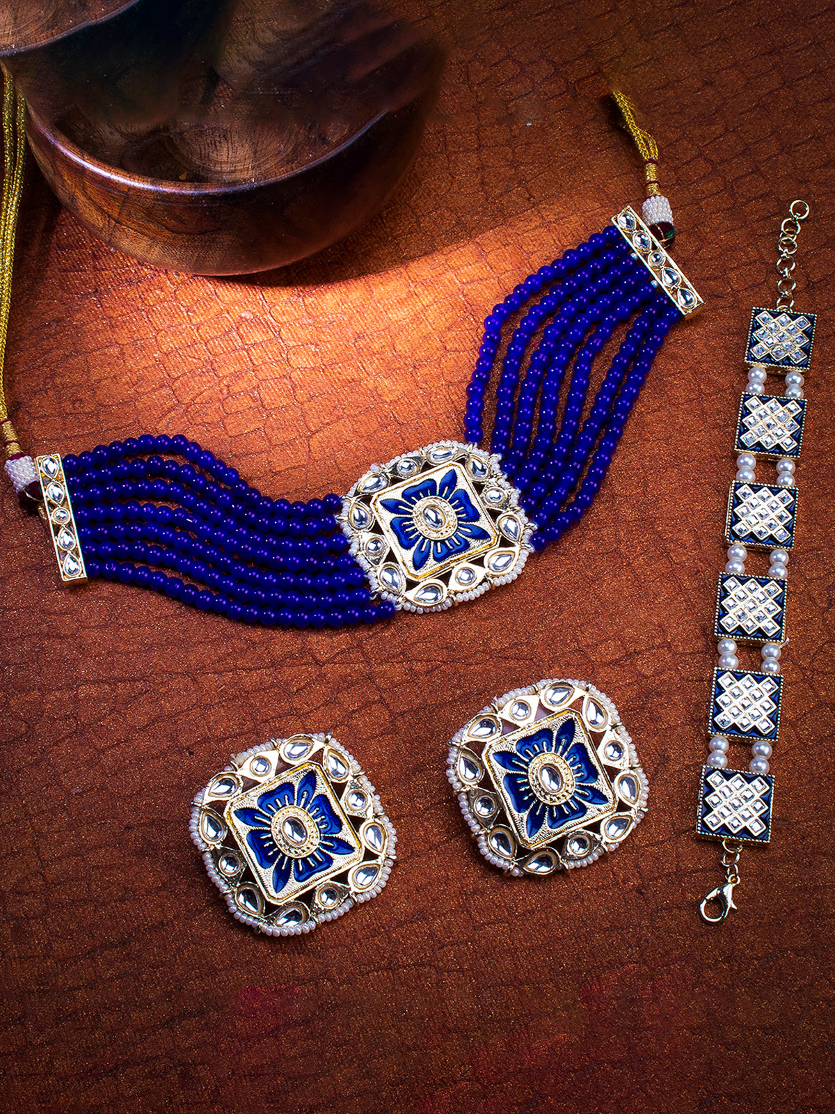 Sukkhi Graceful Gold Plated Kundan Meenakari Choker Necklace Combo Set Worn By Karisma Kapoor CBMIX100642