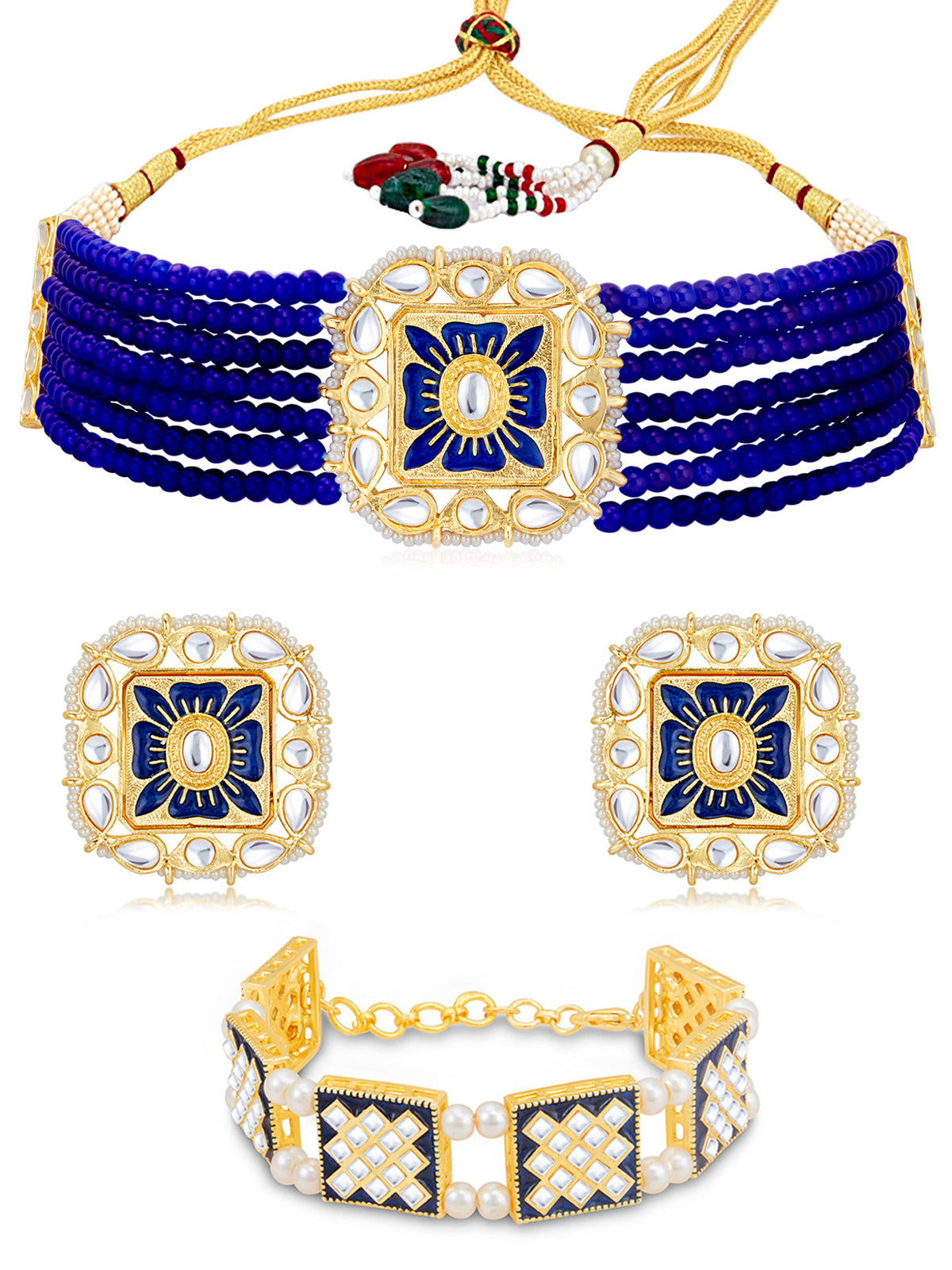 Sukkhi Graceful Gold Plated Kundan Meenakari Choker Necklace Combo Set Worn By Karisma Kapoor CBMIX100642