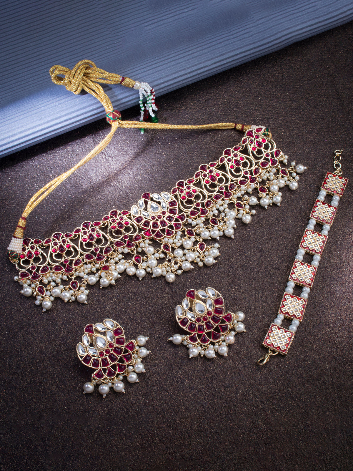 Sukkhi Fascinating Gold Plated Kundan & Pearl Choker Necklace Combo Set Worn By Karisma Kapoor CBMIX100644