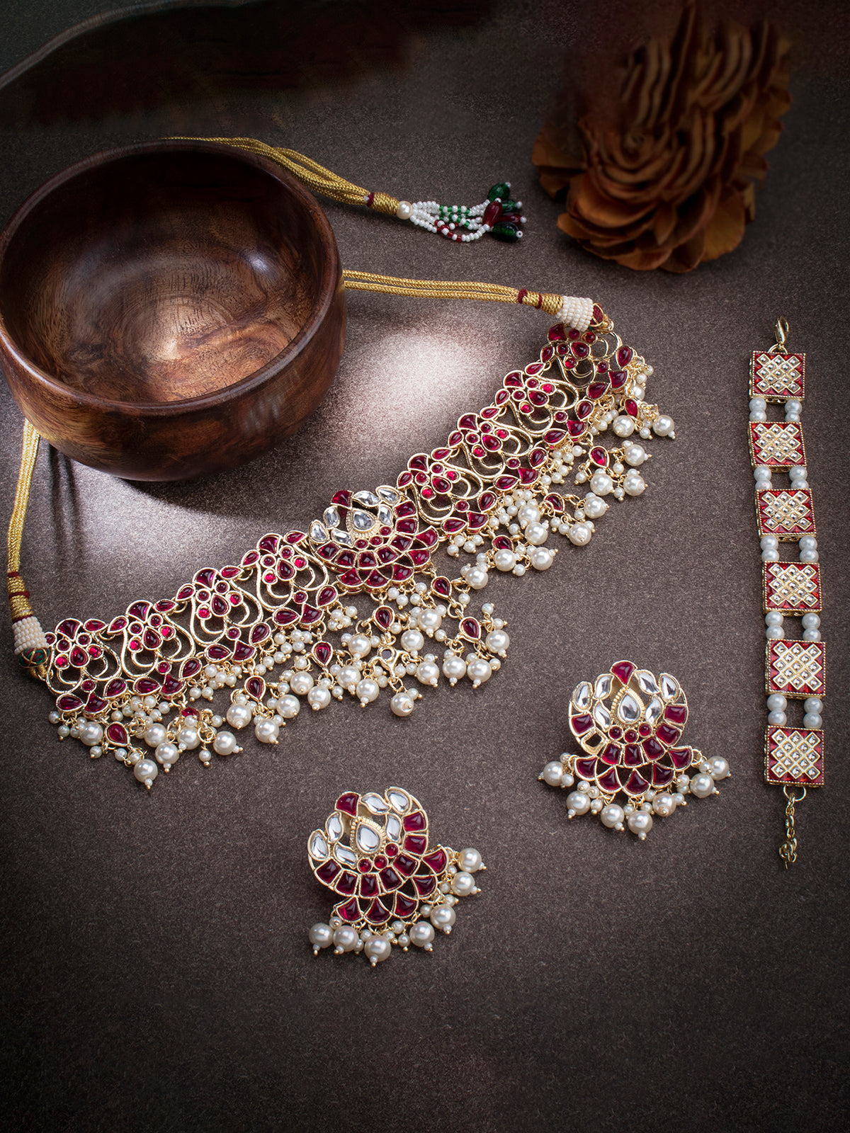 Sukkhi Fascinating Gold Plated Kundan & Pearl Choker Necklace Combo Set Worn By Karisma Kapoor CBMIX100644