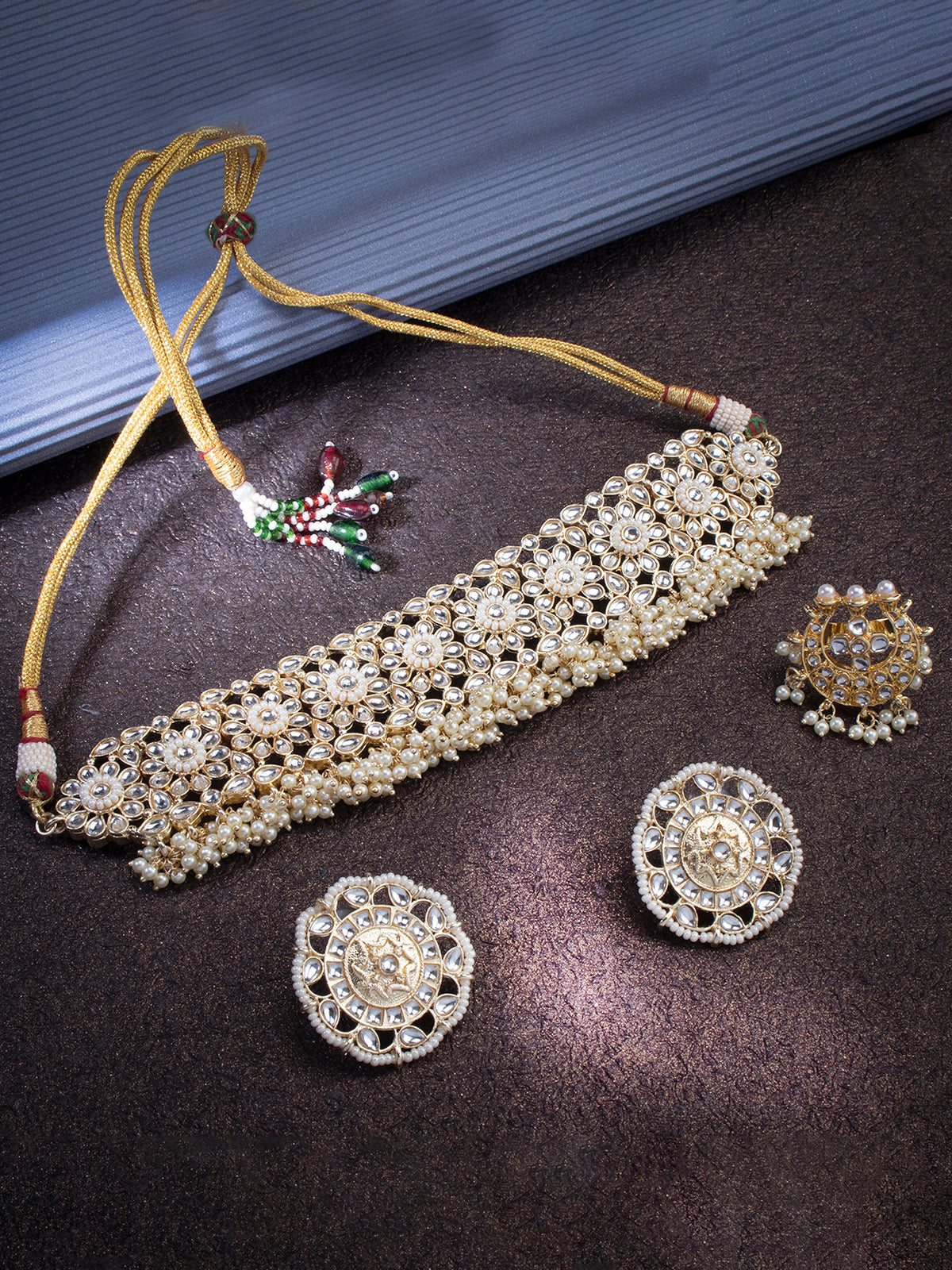 Sukkhi Glorious Gold Plated Kundan & Pearl Choker Necklace Combo Set Worn By Karisma Kapoor CBMIX100650