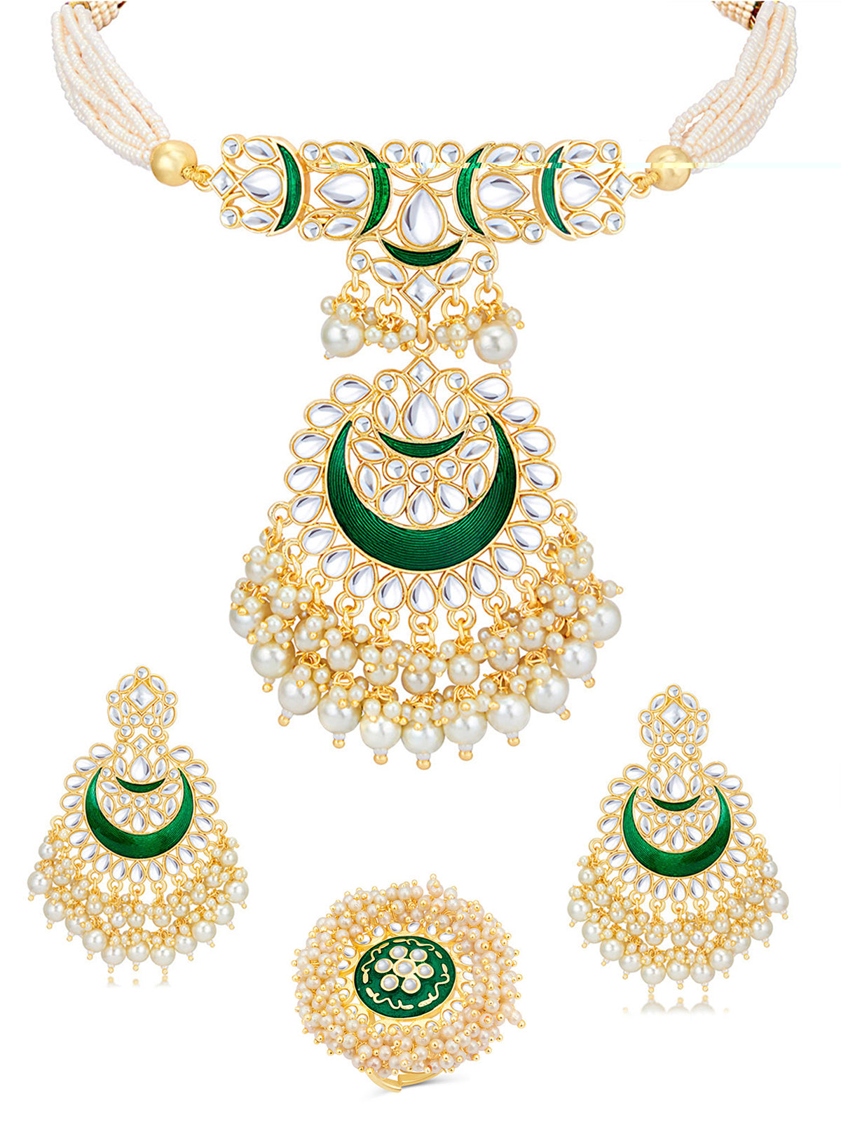 Sukkhi Charming Gold Plated Kundan & Pearl Meenakari Choker Necklace Combo Set Worn By Karisma Kapoor CBMIX100651