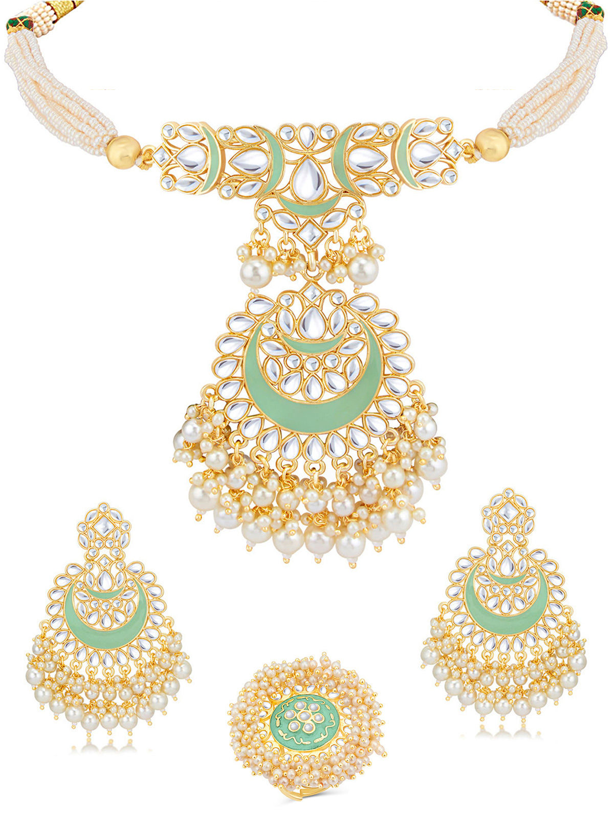 Sukkhi Delicate Gold Plated Kundan & Pearl Mint Choker Necklace Combo Set Worn By Karisma Kapoor CBMIX100652
