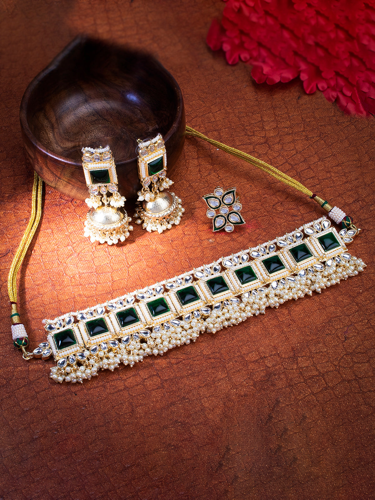 Sukkhi Classic Pearl Gold Plated Kundan & Pearl Choker Necklace Combo Set Worn By Karisma Kapoor CBMIX100653