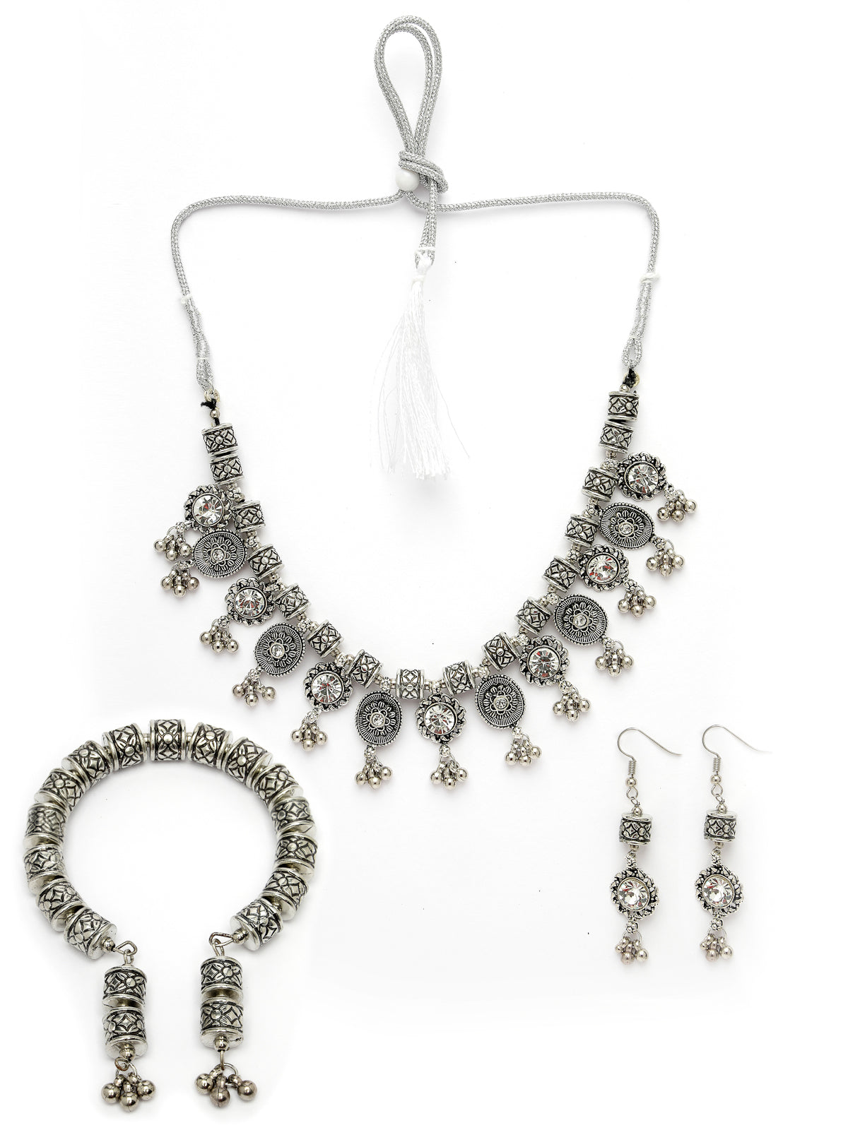 Sukkhi Iconic Oxidised Rhodium Plated With Crystal Stones Studded Choker Necklace Set with Dangler Earring & Adjustable Bracelet Combo Jewellery Set For Women & Girls|Set of 1|CBMIX106030