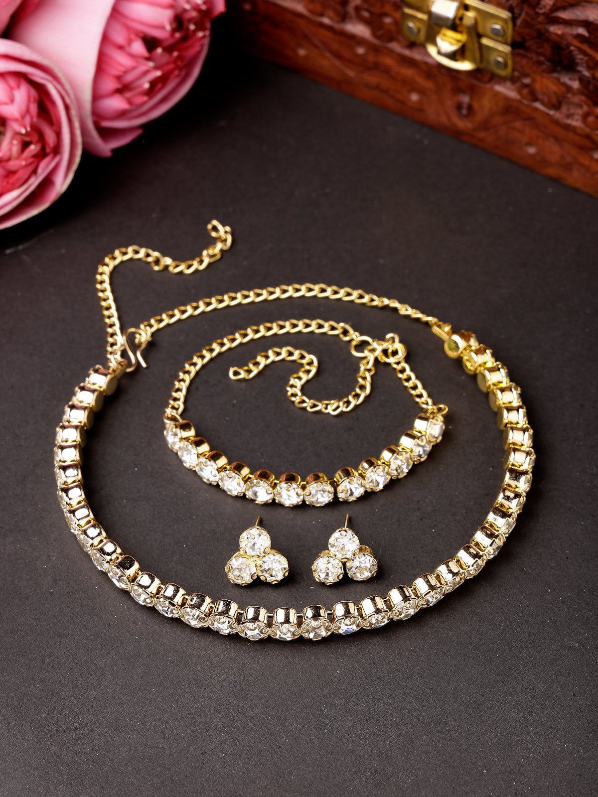 Sukkhi Decorative Crystals Stones Studded Gold Plated Choker Necklace Set with Studs Earrings & Adjustable Bracelet Combo Jewellery Set For Women & Girls|Set of 1|CBMIX106867