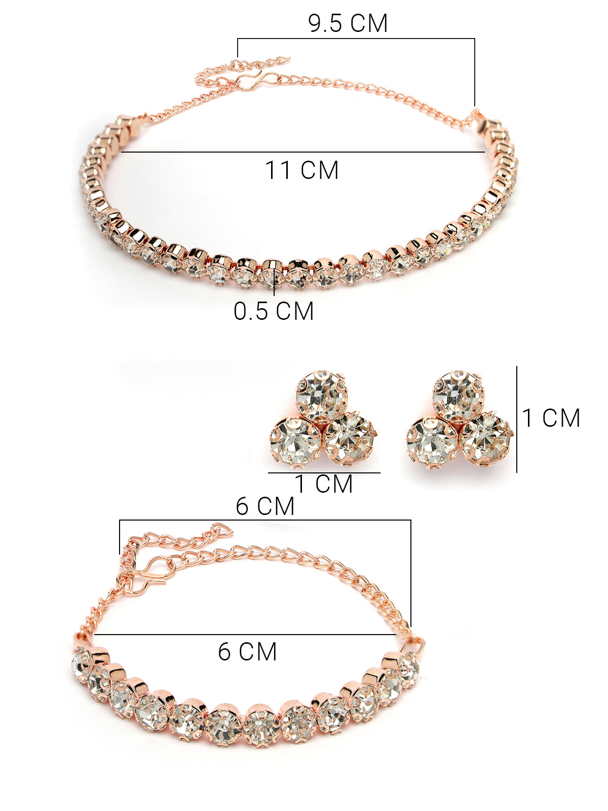 Sukkhi Decorative Crystals Stones Studded Rose Gold Plated Choker Necklace Set with Studs Earrings & Adjustable Bracelet Combo Jewellery Set For Women & Girls|Set of 1|CBMIX106868