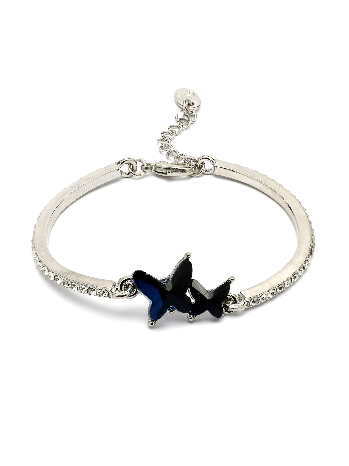 Scintillare By Sukkhi Butterfly Shaped Platinum Plated with Crystal Diamond Studded Pendant Chain Drop Earring Bracelet Blue Combo Jewellery for Women & Girls|CBMIX107210